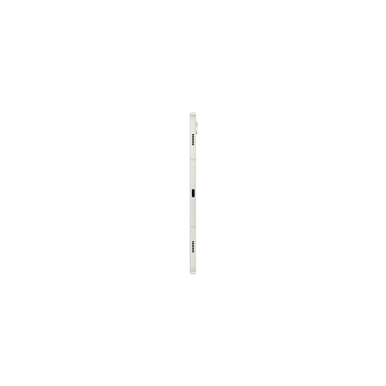 Tablet, vista laterale. Argento, su sfondo bianco. Contiene altoparlanti e pulsanti di accensione.