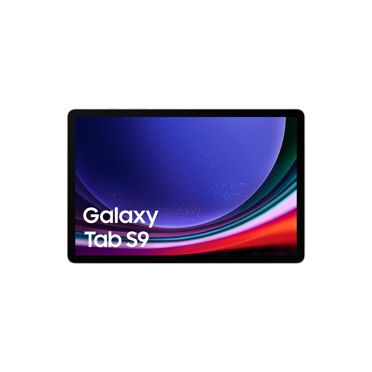 Tablet Samsung Galaxy Tab S9 nero su sfondo bianco, schermo mostra arte astratta.