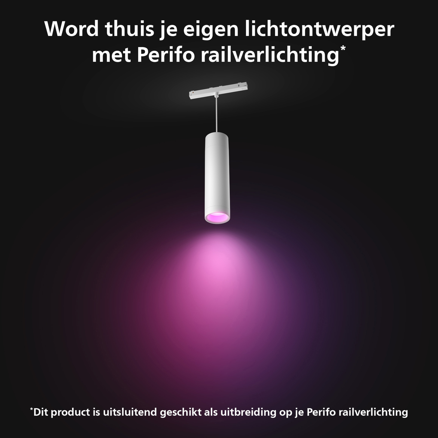 Biała cylindryczna lampa wisząca z różową wiązką na ciemnym tle.