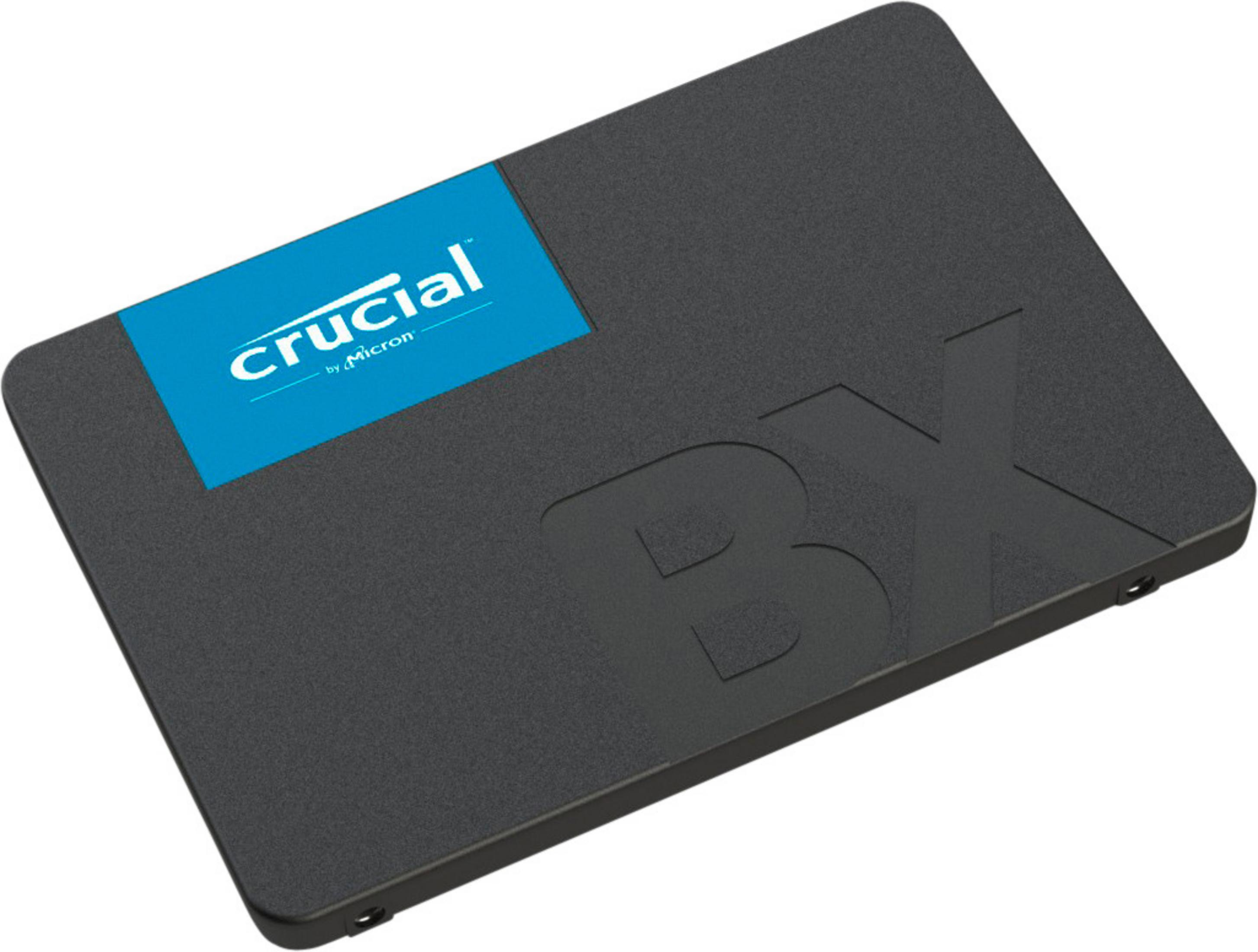 Czarny dysk SSD z niebieską etykietą Crucial.