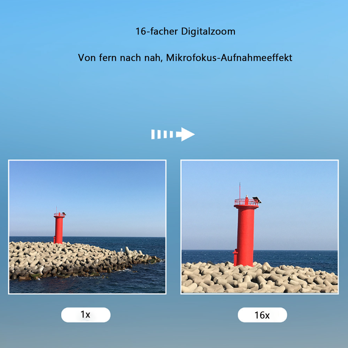 Imagen muestra un faro con zoom 1x y 16x. El texto indica zoom digital.