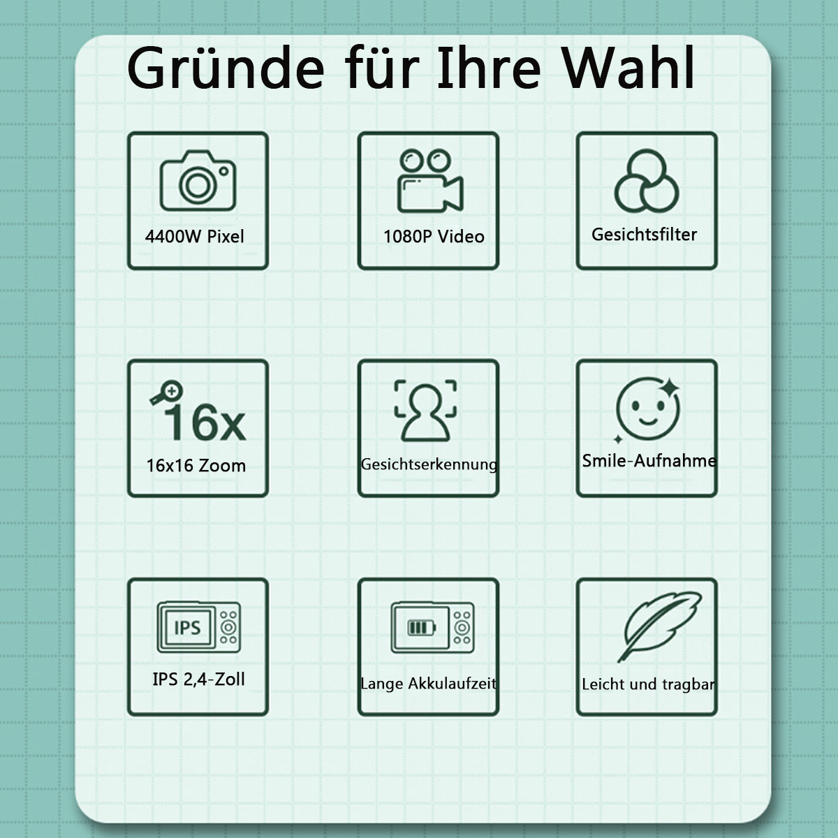 Gráfico con iconos que describen las funciones de la cámara. Incluye recuento de píxeles, vídeo, filtro facial y zoom.