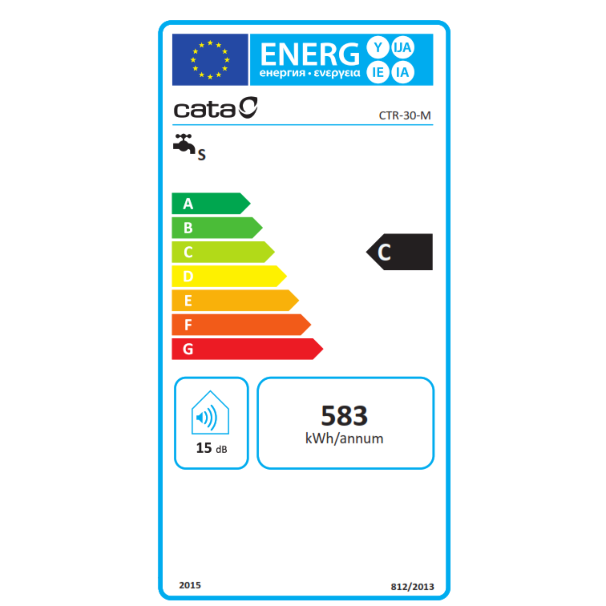 Etiqueta de eficiencia energética con clasificaciones de A a G. La etiqueta indica 'C' para eficiencia energética. Fondo blanco.