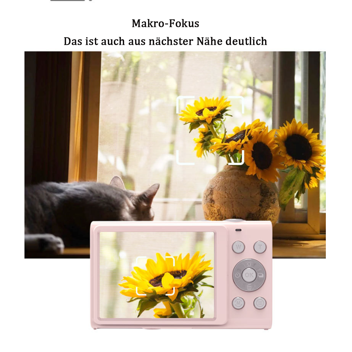 Eine rosa Kamera zeigt eine Sonnenblume und eine Fensterszene, zusammen mit anderen Sonnenblumen in einer Vase.