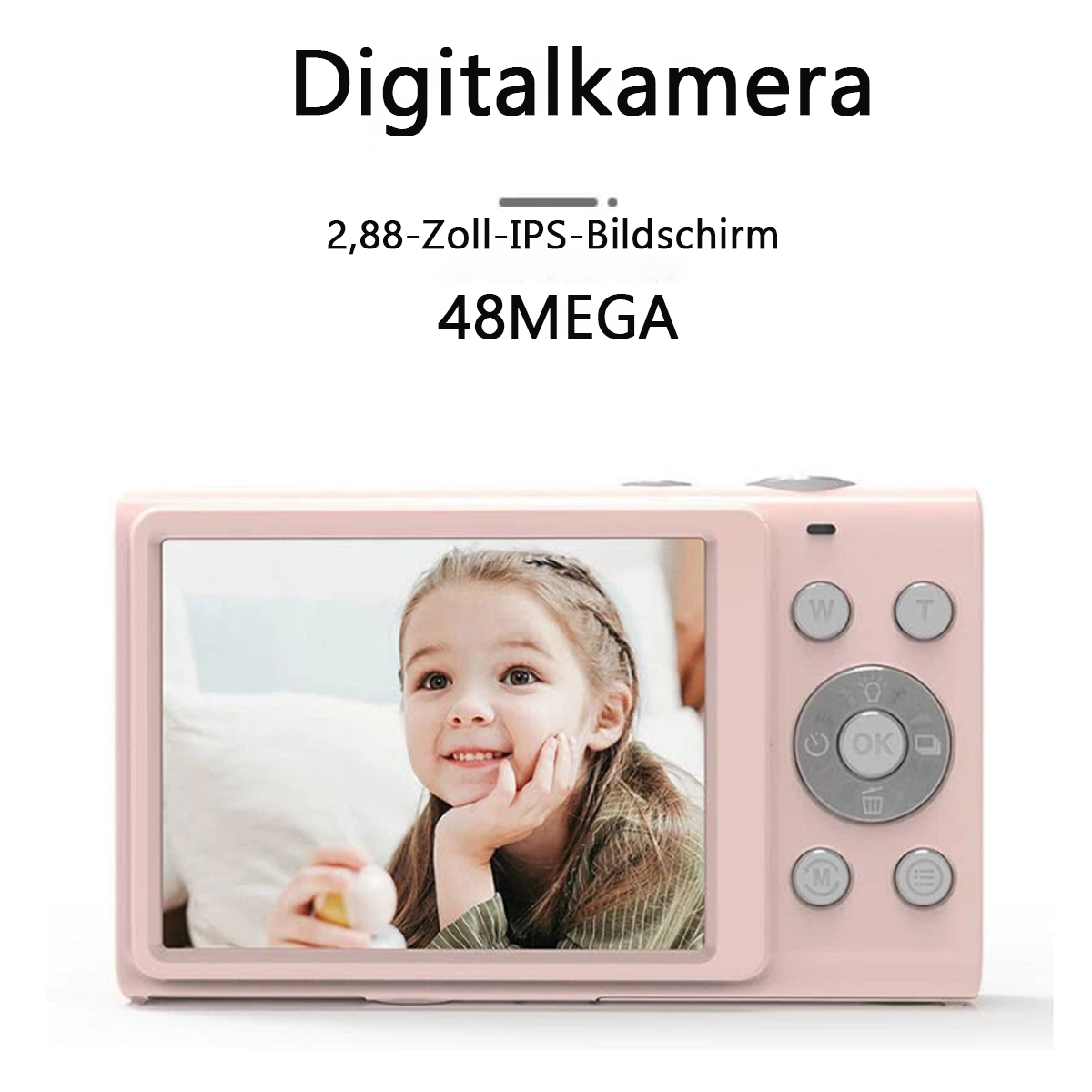 Eine pinke Digitalkamera mit einem Bildschirm, der ein Mädchen zeigt. Der Text 'Digitalkamera' ist sichtbar.