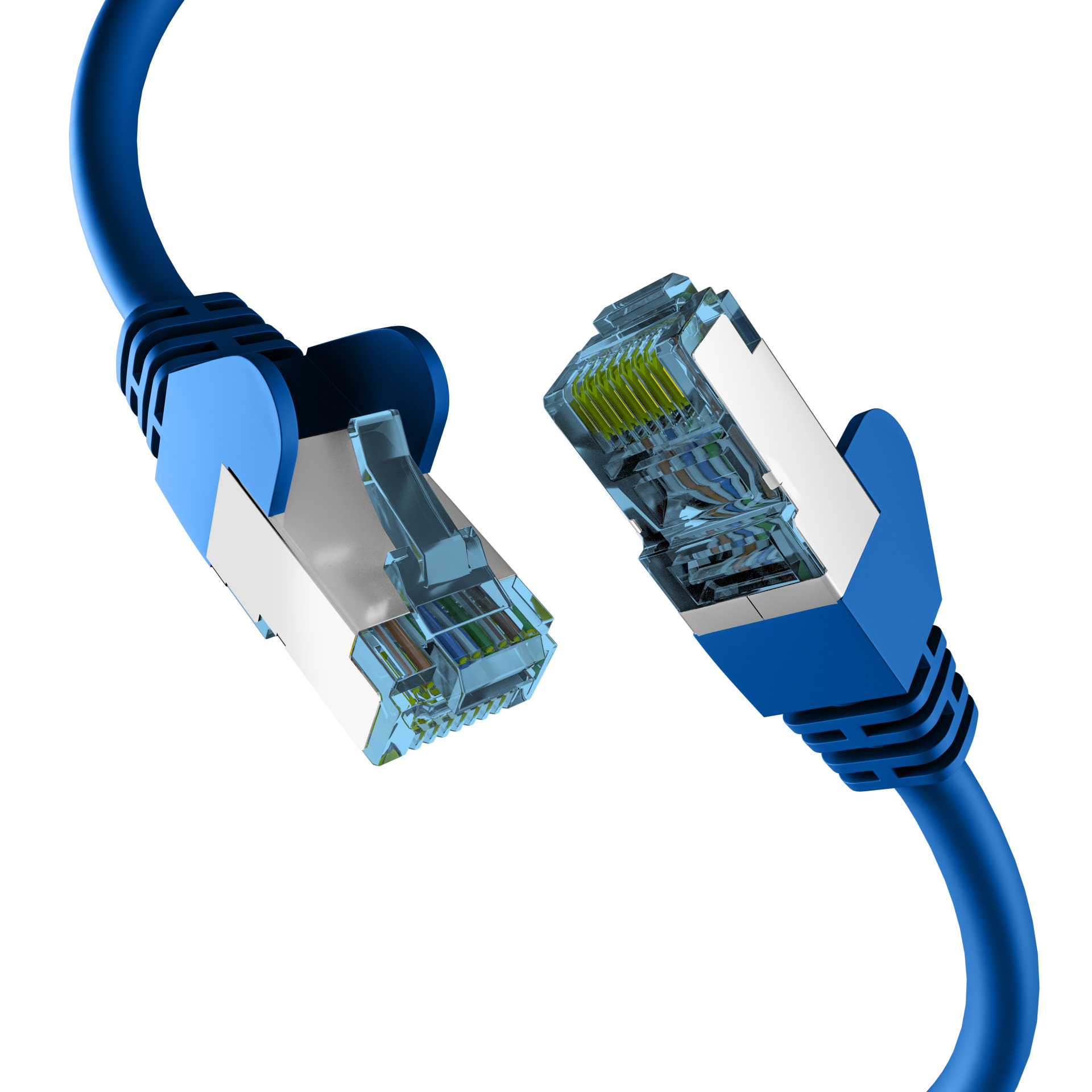 Zwei blaue Ethernet-Kabel mit RJ45-Steckern, zueinander geneigt, vor weißem Hintergrund.