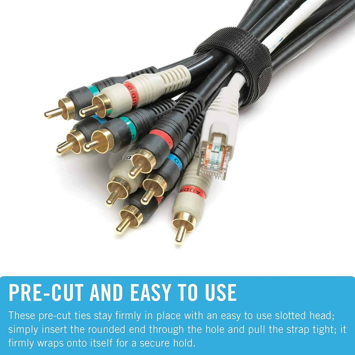 Black cables with colored ends, secured by a velcro strap, and a RJ45 connector.