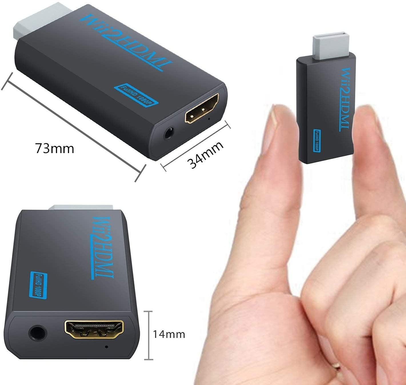 Czarny adapter HDMI z męskimi złączami HDMI i USB-C. Wyświetlany z wymiarami.