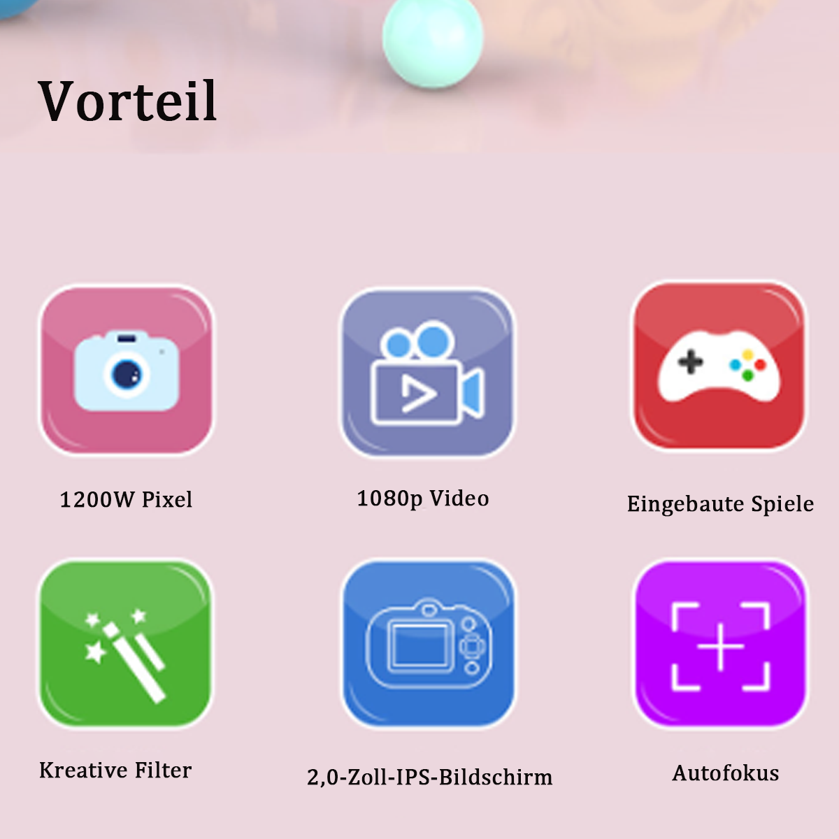 Icone che rappresentano le funzioni della fotocamera. Include 1200W pixel, video 1080p, giochi integrati e autofocus.