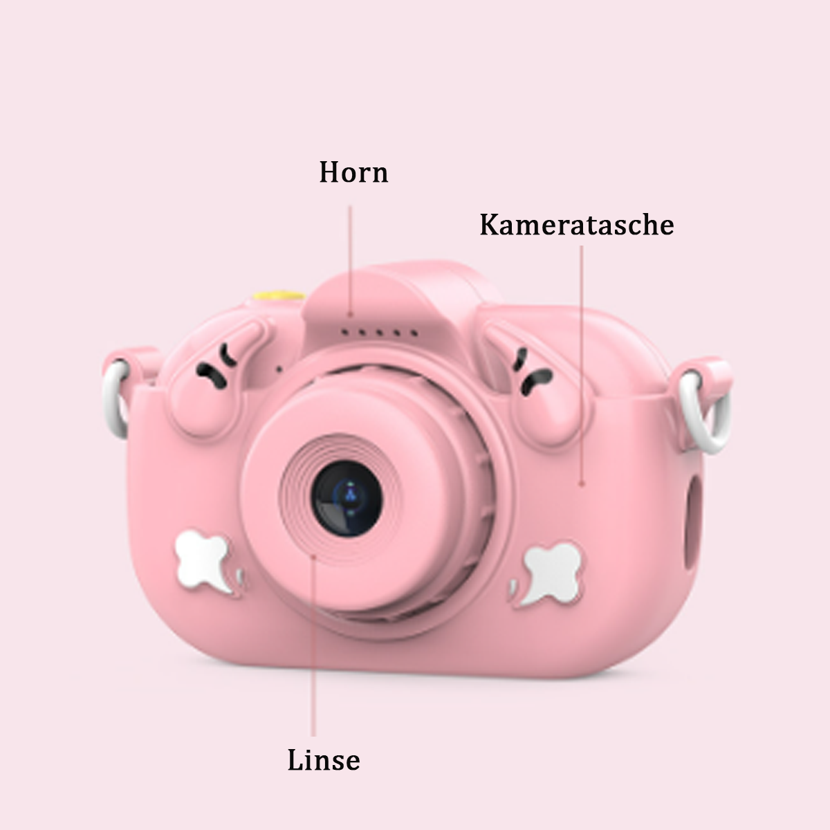 Macchina fotografica giocattolo rosa con parti etichettate.