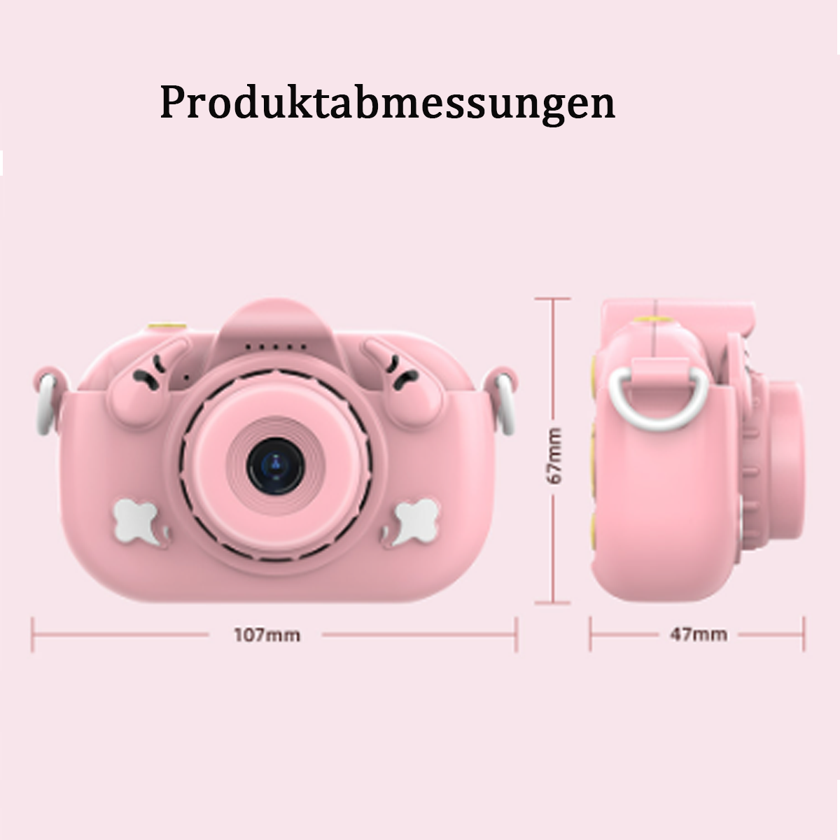 Fotocamera giocattolo rosa con misure: 107 mm di larghezza, 67 mm di altezza e 47 mm di spessore.