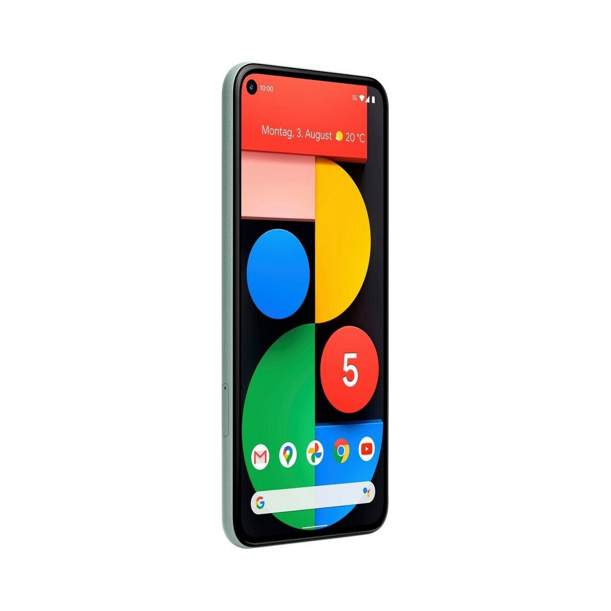 Smartphone Google Pixel 5a con marco verde y fondo de pantalla colorido.