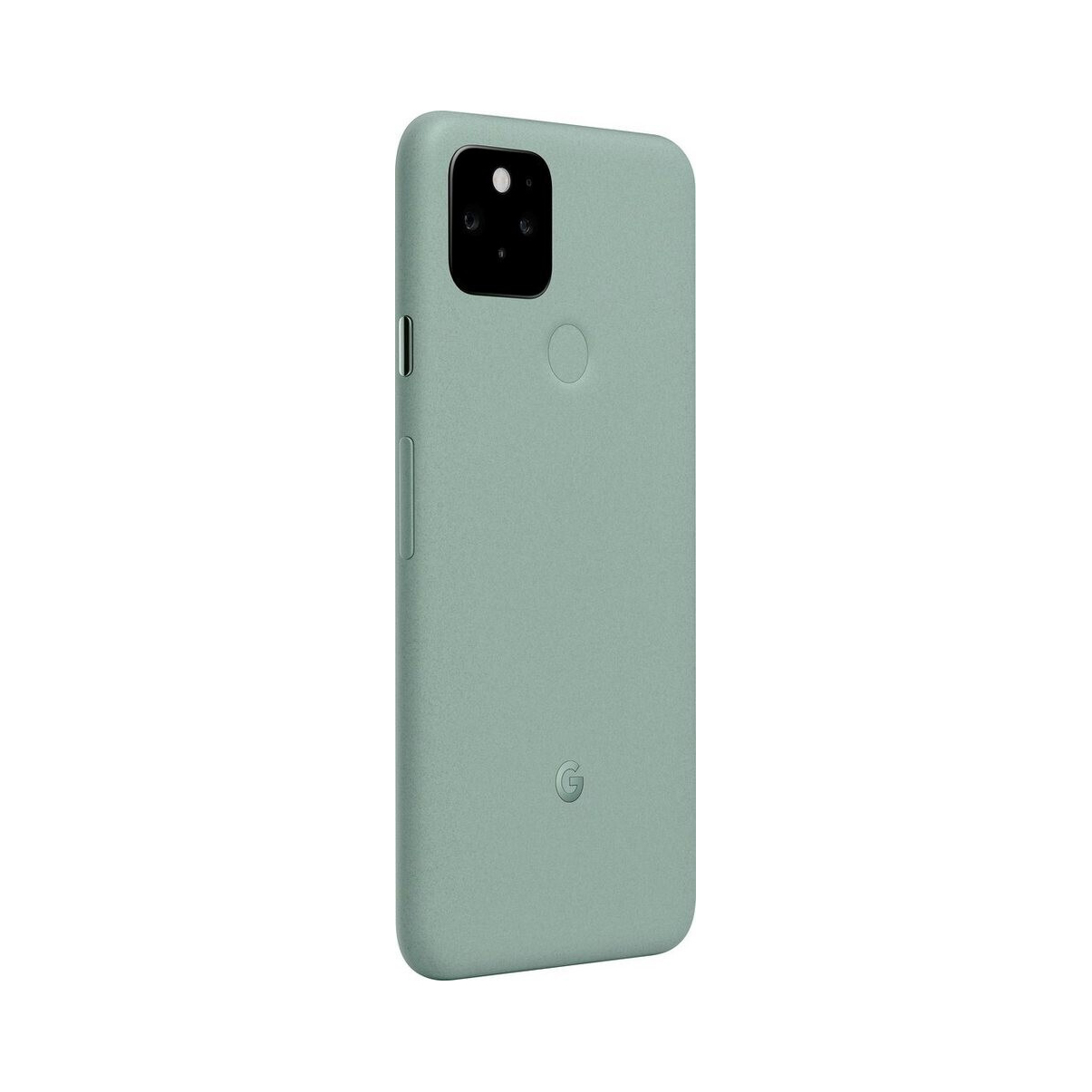 Teléfono Google Pixel verde, vista trasera. Tiene un bulto de cámara y un lector de huellas dactilares.