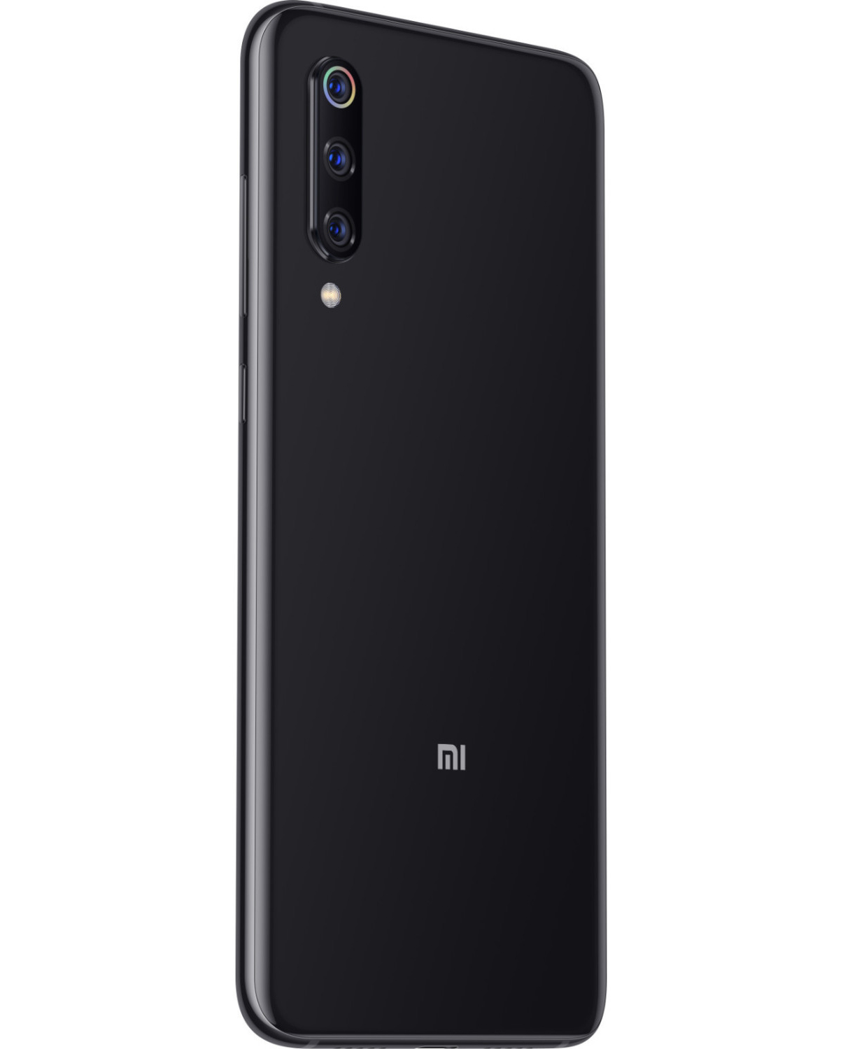 Czarny smartfon z trzema aparatami z tyłu i logo MI.