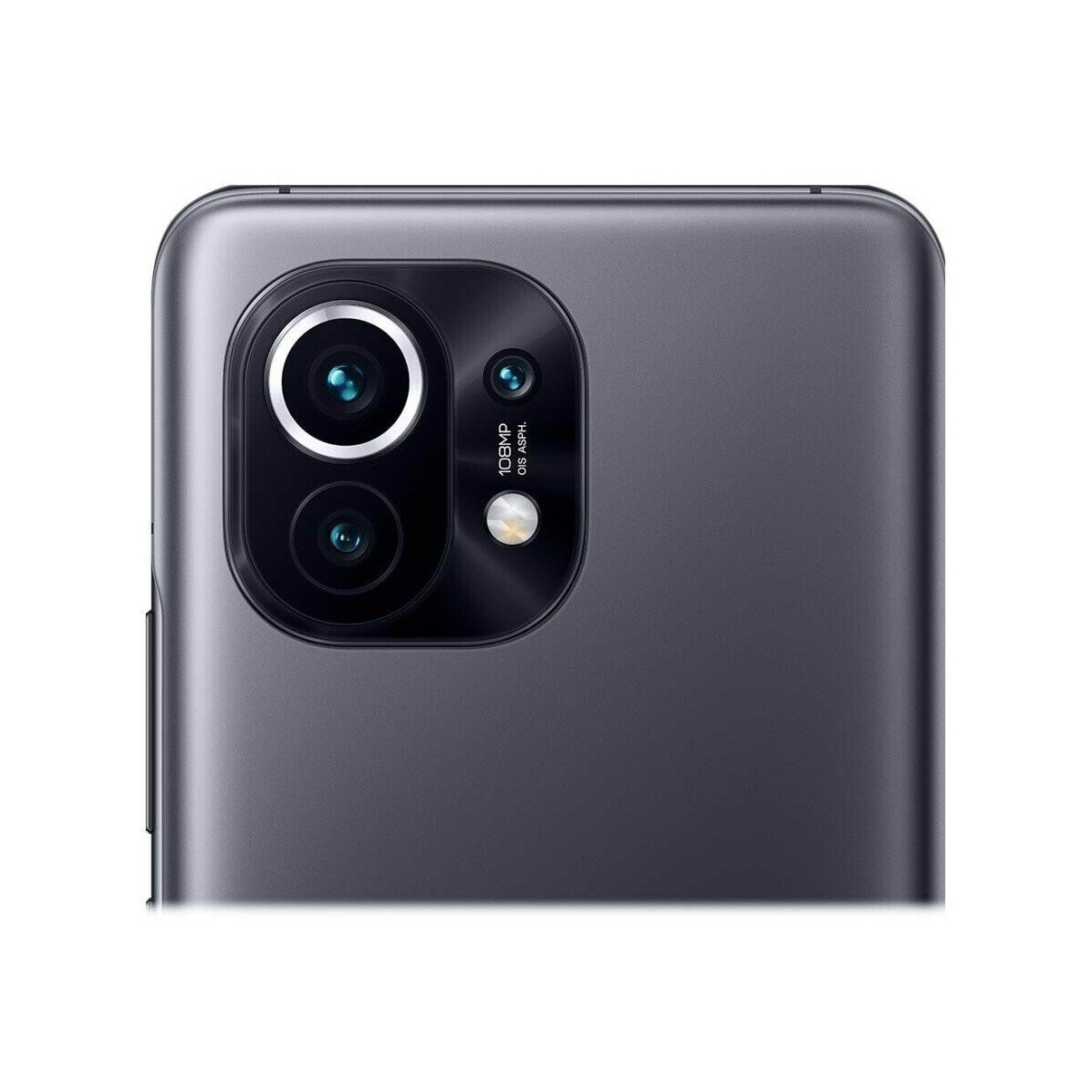 Zbliżenie tyłu telefonu z trzema aparatami. Szary kolor.