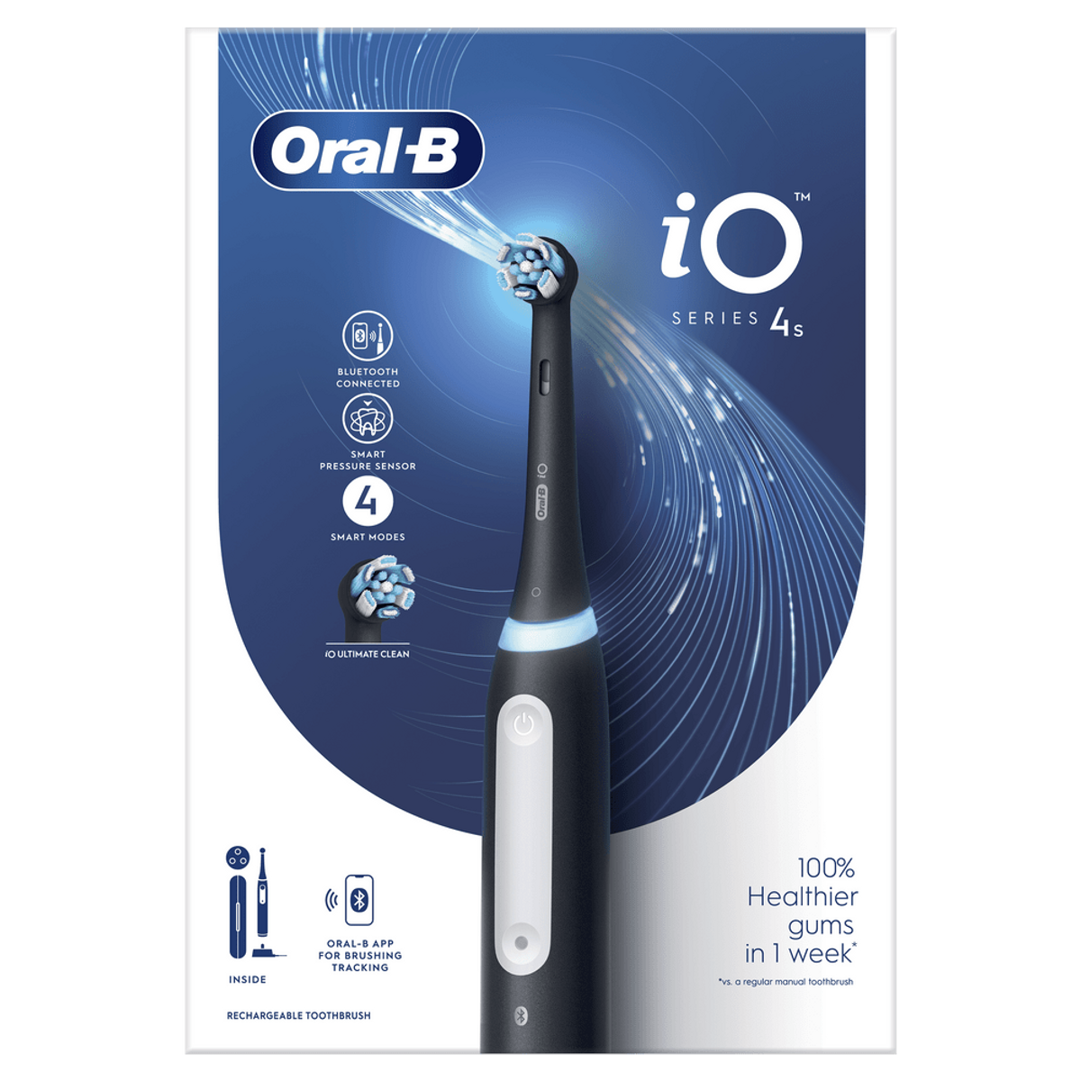 Czarna szczoteczka elektryczna Oral-B z niebieskimi i białymi akcentami.