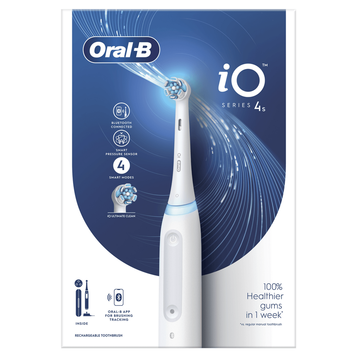 Paquete de cepillo de dientes Oral-B iO. Cepillo blanco, cerdas azules y características.