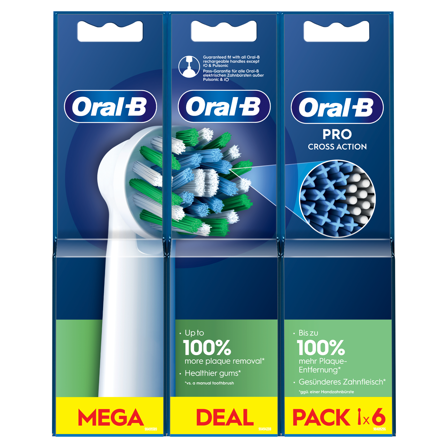 Tre confezioni di testine per spazzolino Oral-B Pro Cross Action, che mostrano caratteristiche e confezione.