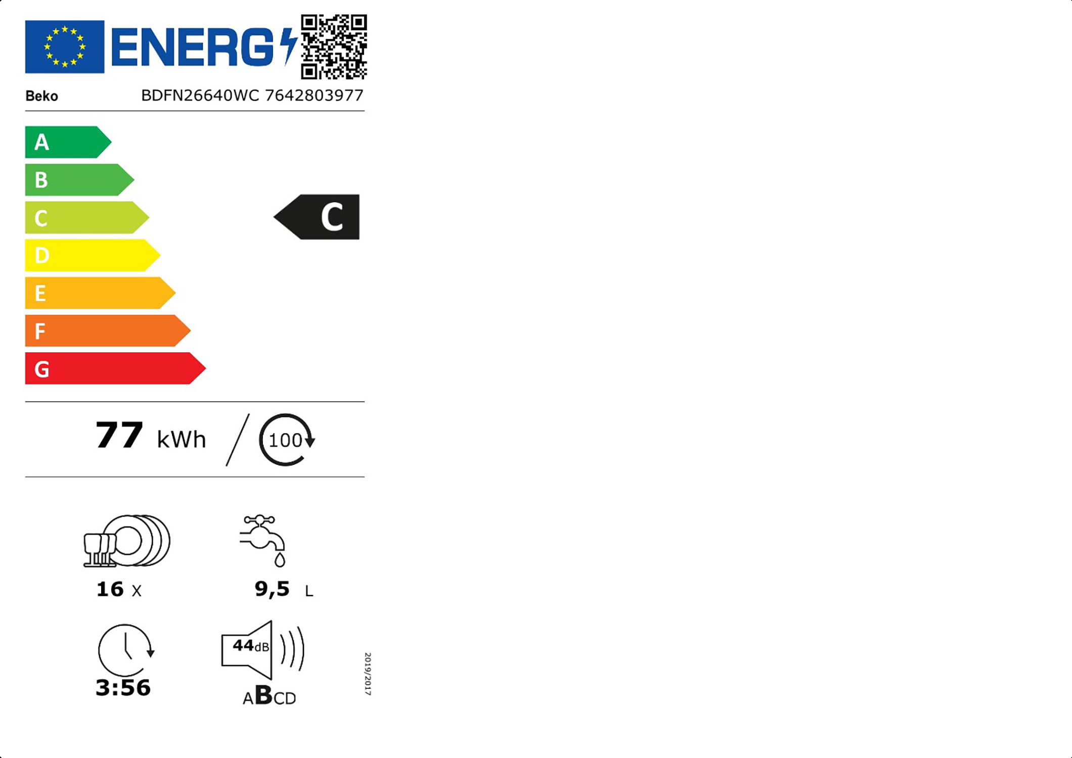 Etichetta energetica per una lavastoviglie Beko, classe energetica C.