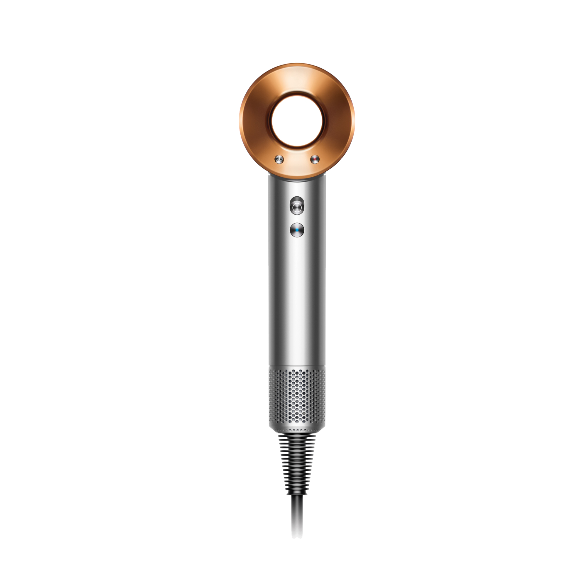 Un asciugacapelli Dyson Supersonic in argento e rame, con cavo nero e sfondo scuro.