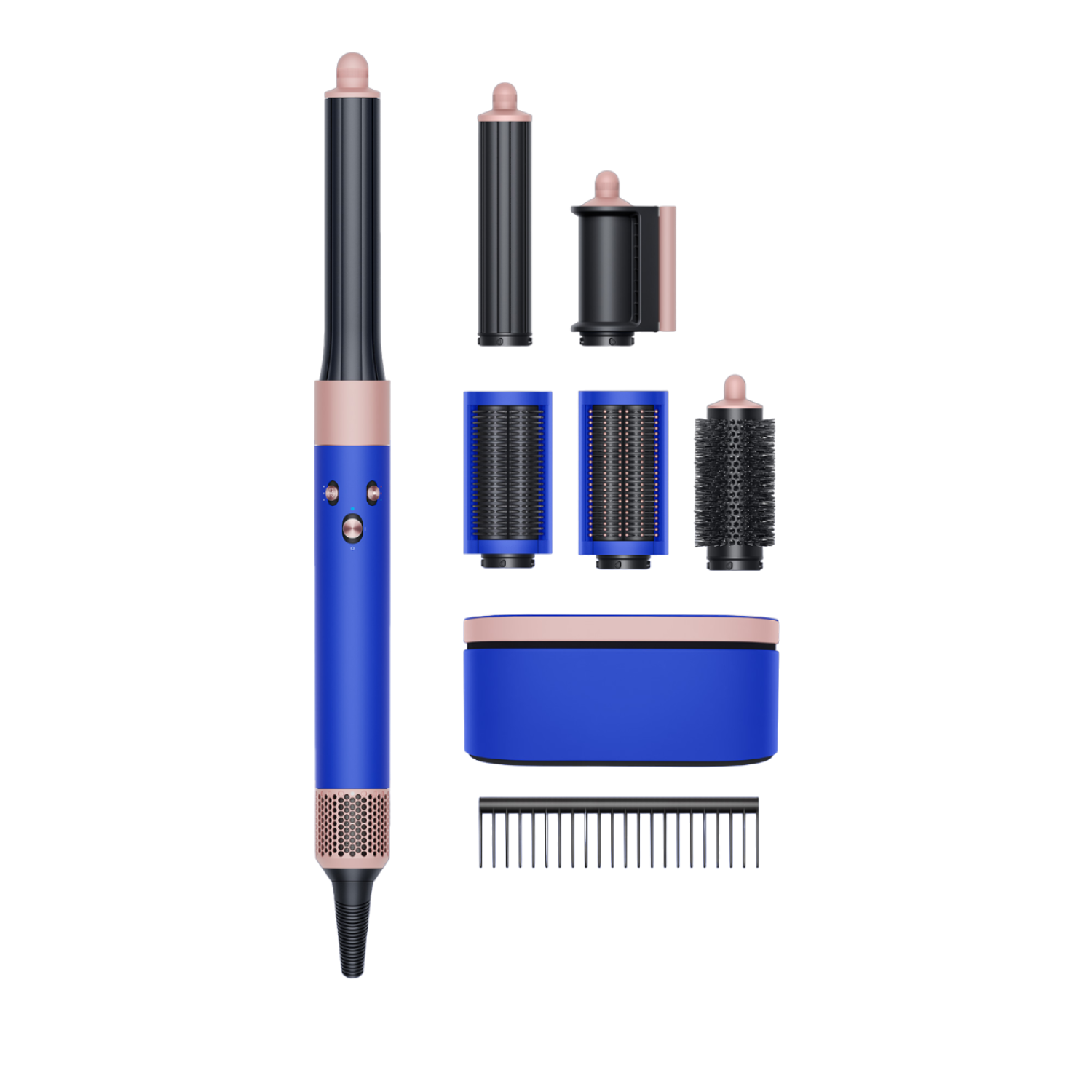 Un kit di strumenti per lo styling dei capelli blu e oro rosa con vari accessori.