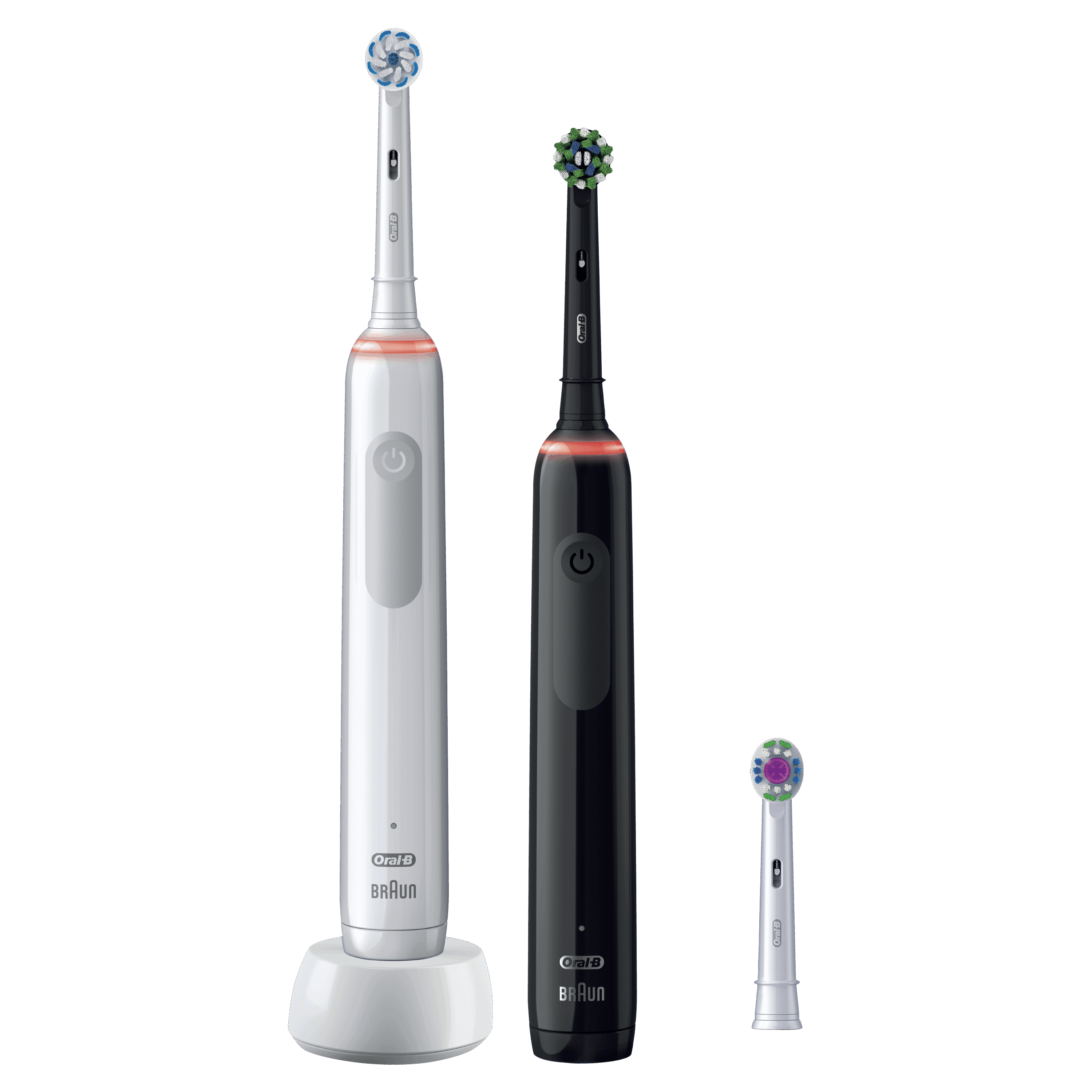 Dos cepillos de dientes eléctricos y un cabezal sobre fondo negro. Uno blanco, uno negro.