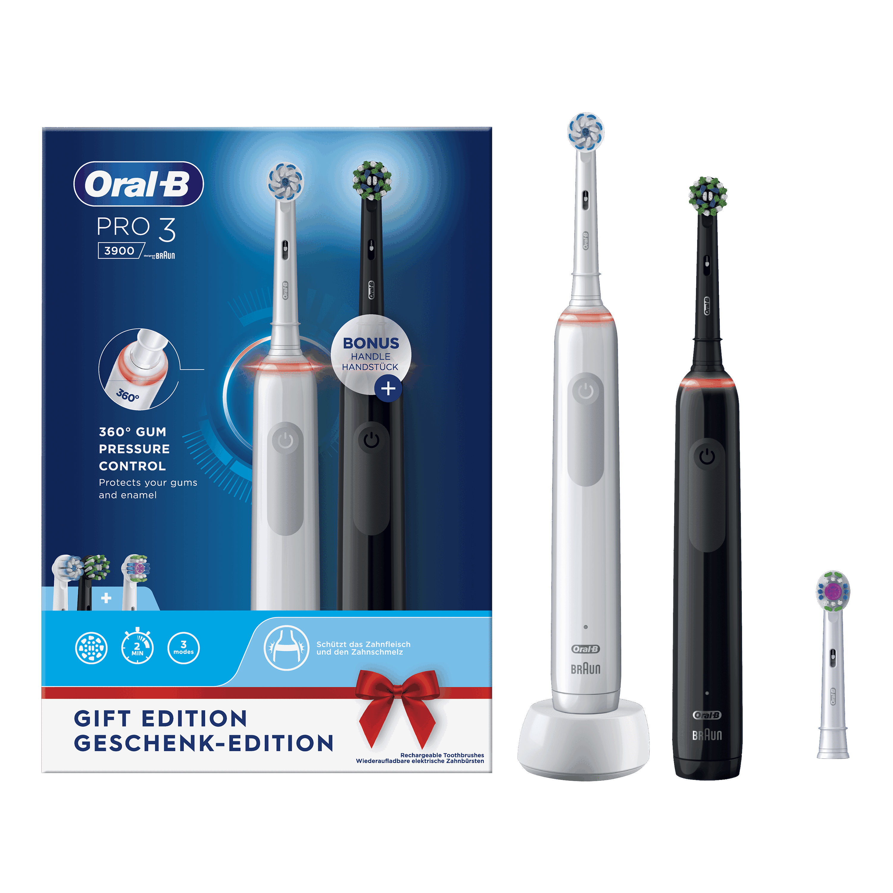 Cepillos de dientes eléctricos Oral-B Pro 3, uno en caja y dos fuera. Colores blanco y negro.