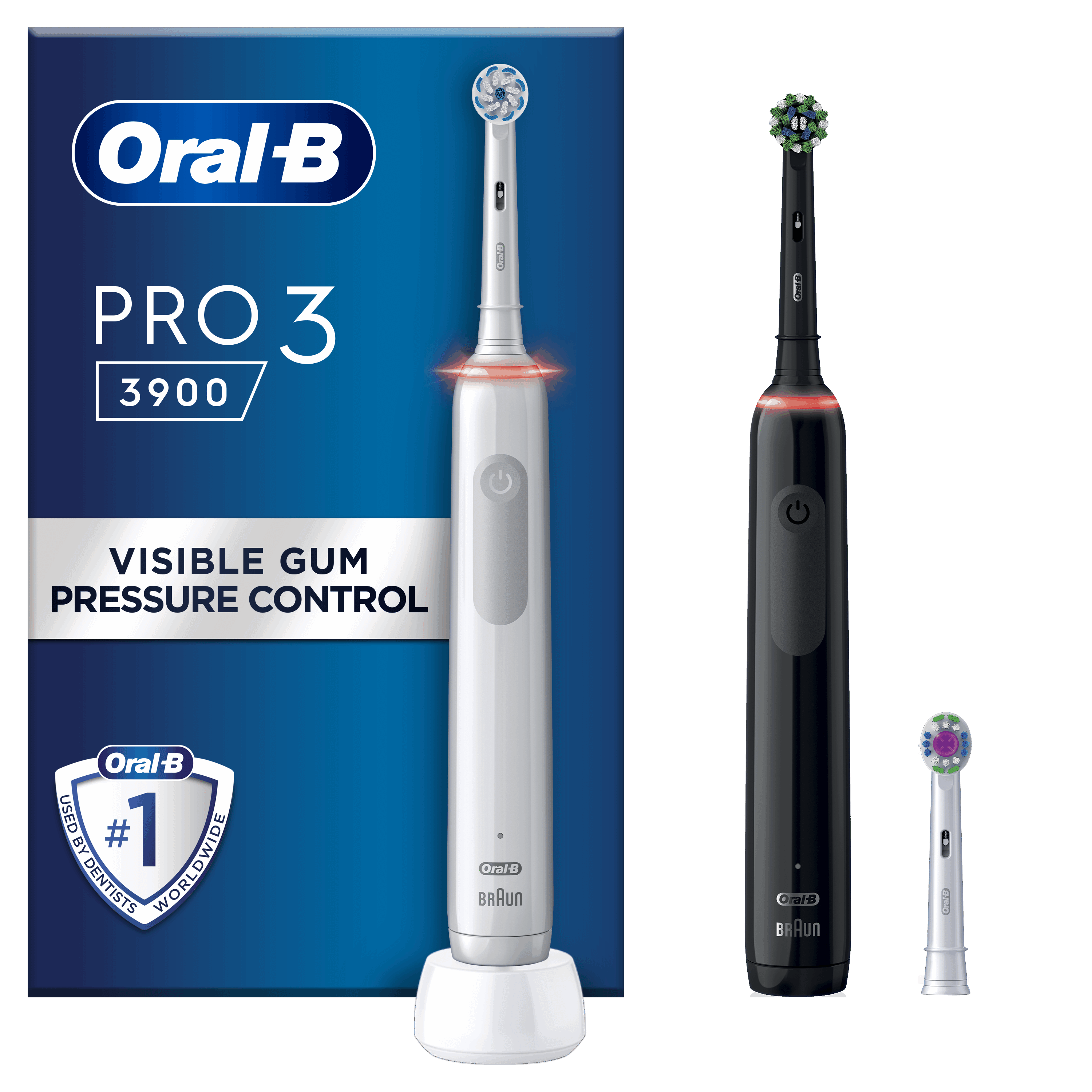 Cepillos de dientes eléctricos Oral-B Pro 3. Blanco y negro, con cabezales adicionales y caja.