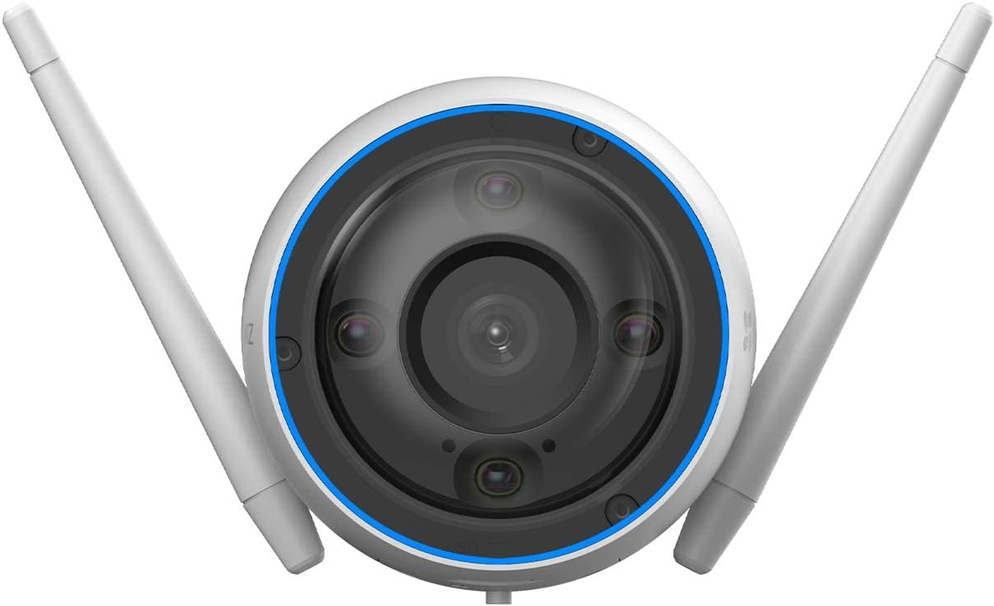 Okrągła kamera bezpieczeństwa z antenami. Ma ciemną soczewkę i niebieski pierścień wokół niej.