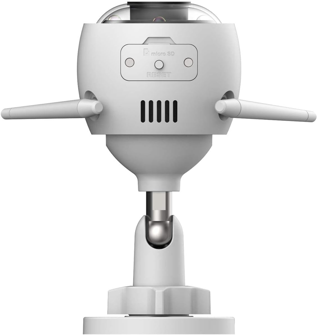 Biała kamera monitoringu z obiektywem kopułkowym, dwiema antenami i podstawą na białym tle.