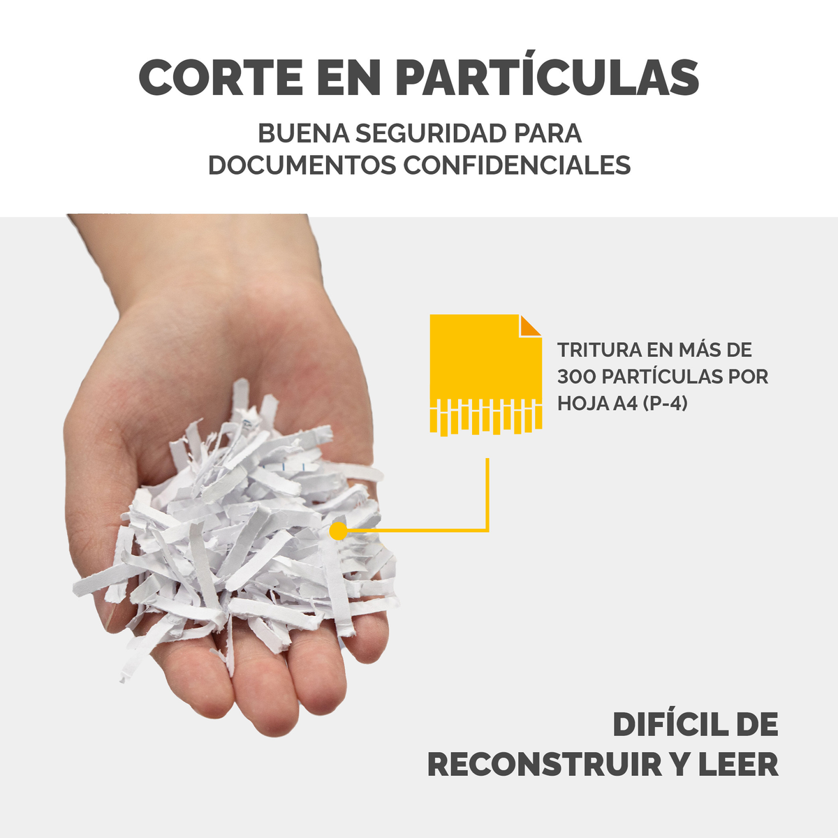 Dłoń trzyma pocięty papier. Tekst głosi 'Corte en partículas' i 'Dificil de reconstruir y leer'.