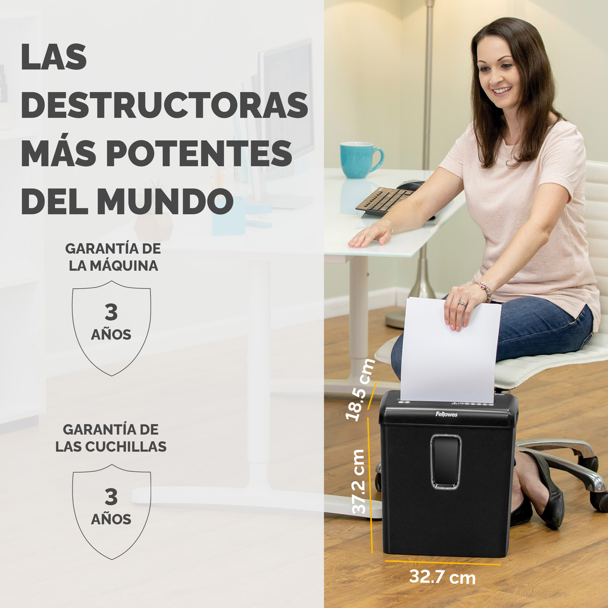 Kobieta niszczy papier. Czarna niszczarka na podłodze. Tekst: 'Najpotężniejsze niszczarki na świecie'.