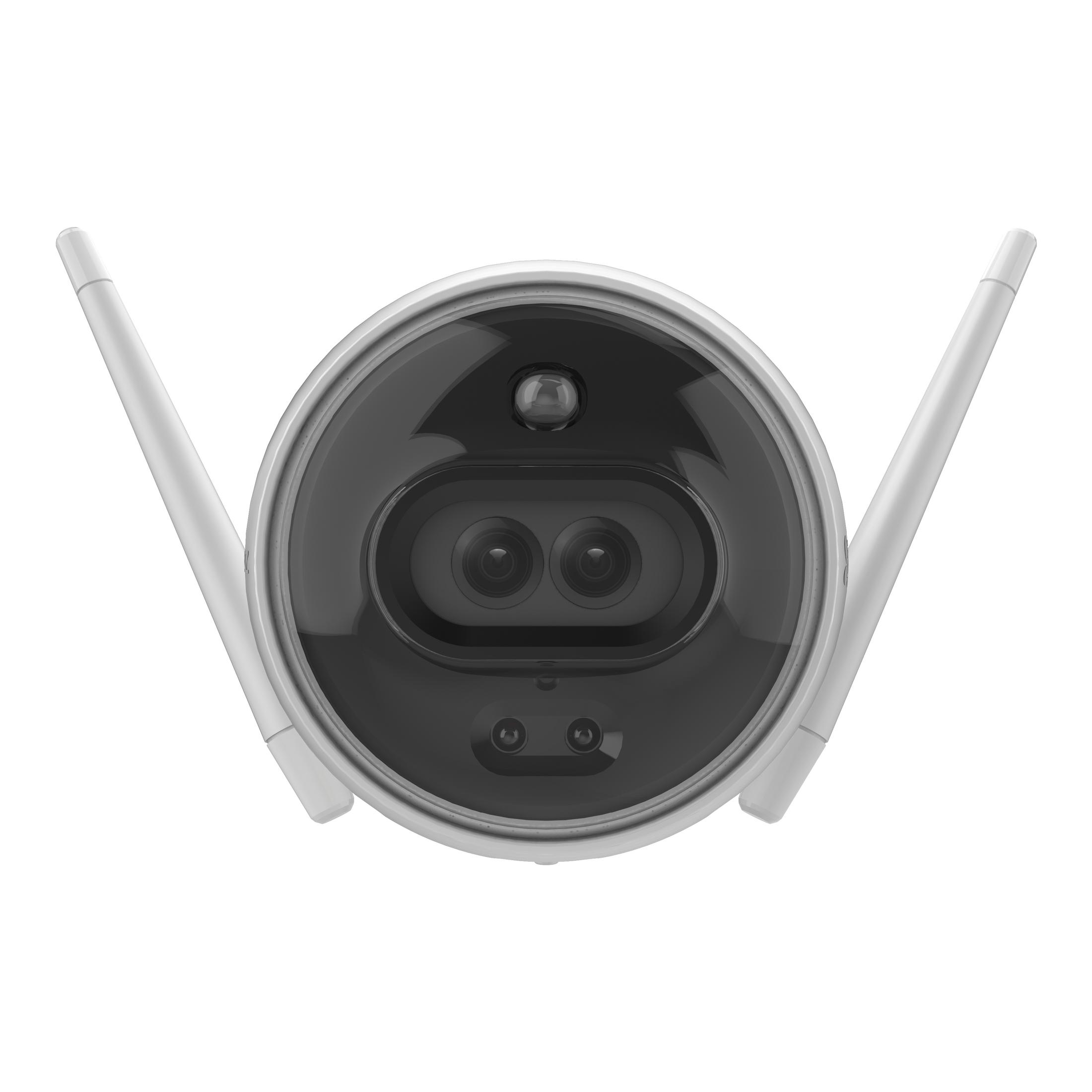Una telecamera di sicurezza, rotonda e bianca con due antenne. Obiettivo e sensori neri.