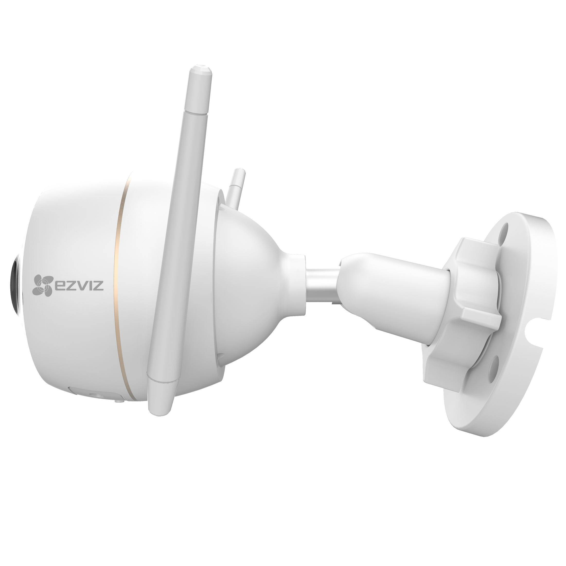 Una telecamera di sicurezza bianca con due antenne e una base di montaggio, su bianco.