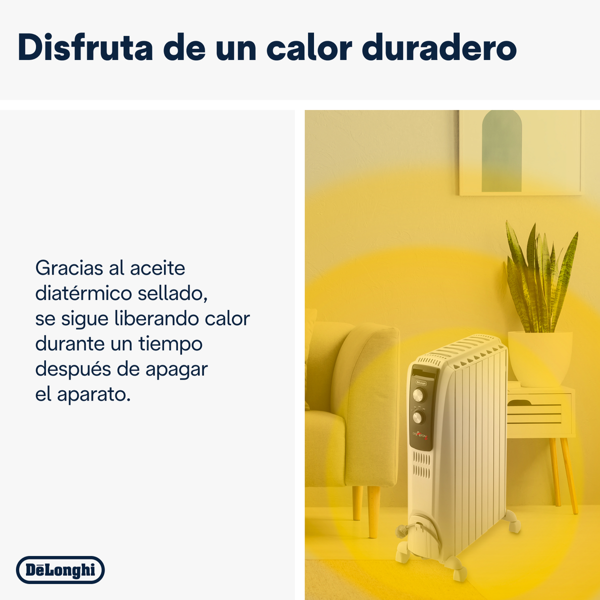 Grzejnik olejowy obok sofy i stolika. Żółta ściana. Białe tło.