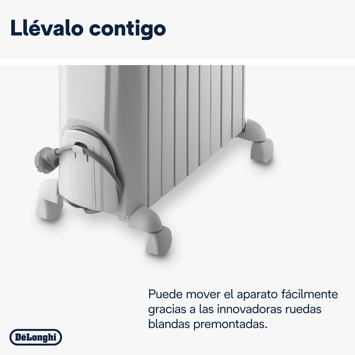 Biały grzejnik elektryczny z kółkami, zbliżenie. Tekst mówi 'Zabierz go ze sobą'.