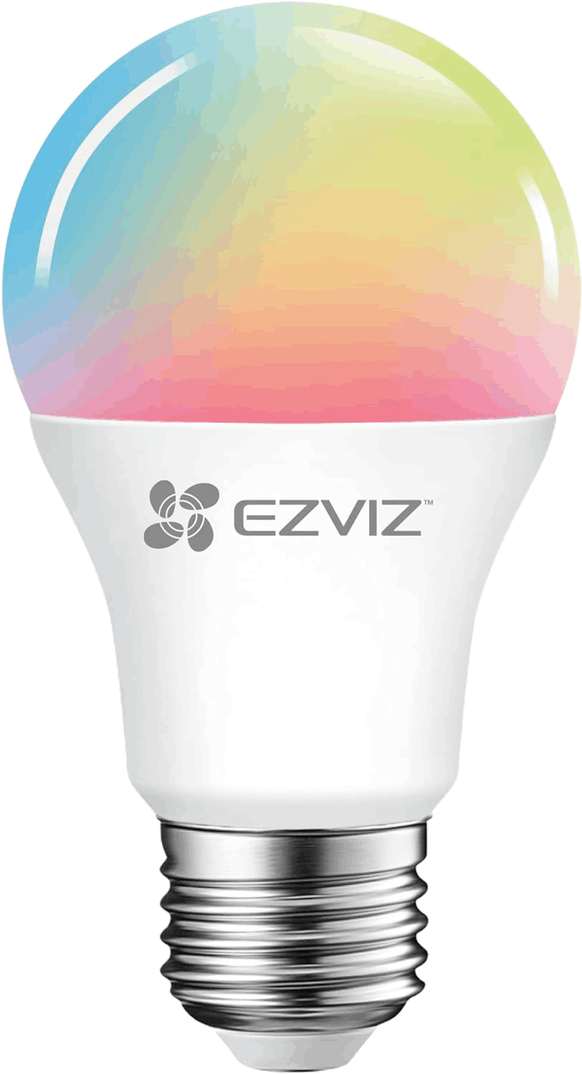 Biała inteligentna żarówka EZVIZ. Ma kolorowe światło i srebrną podstawę.