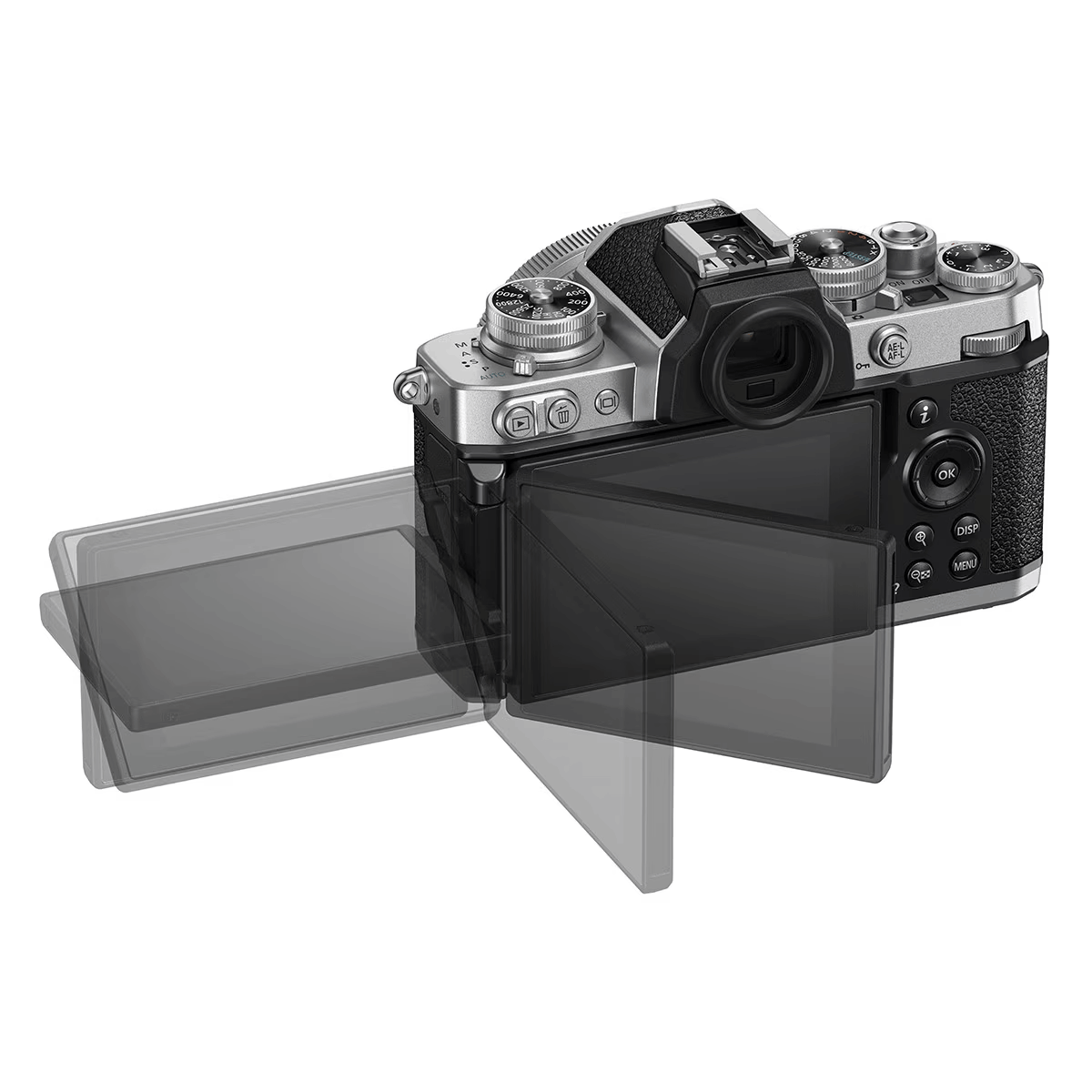 Srebrno-czarny aparat z odchylanym ekranem, pokazujący ekran w różnych pozycjach.