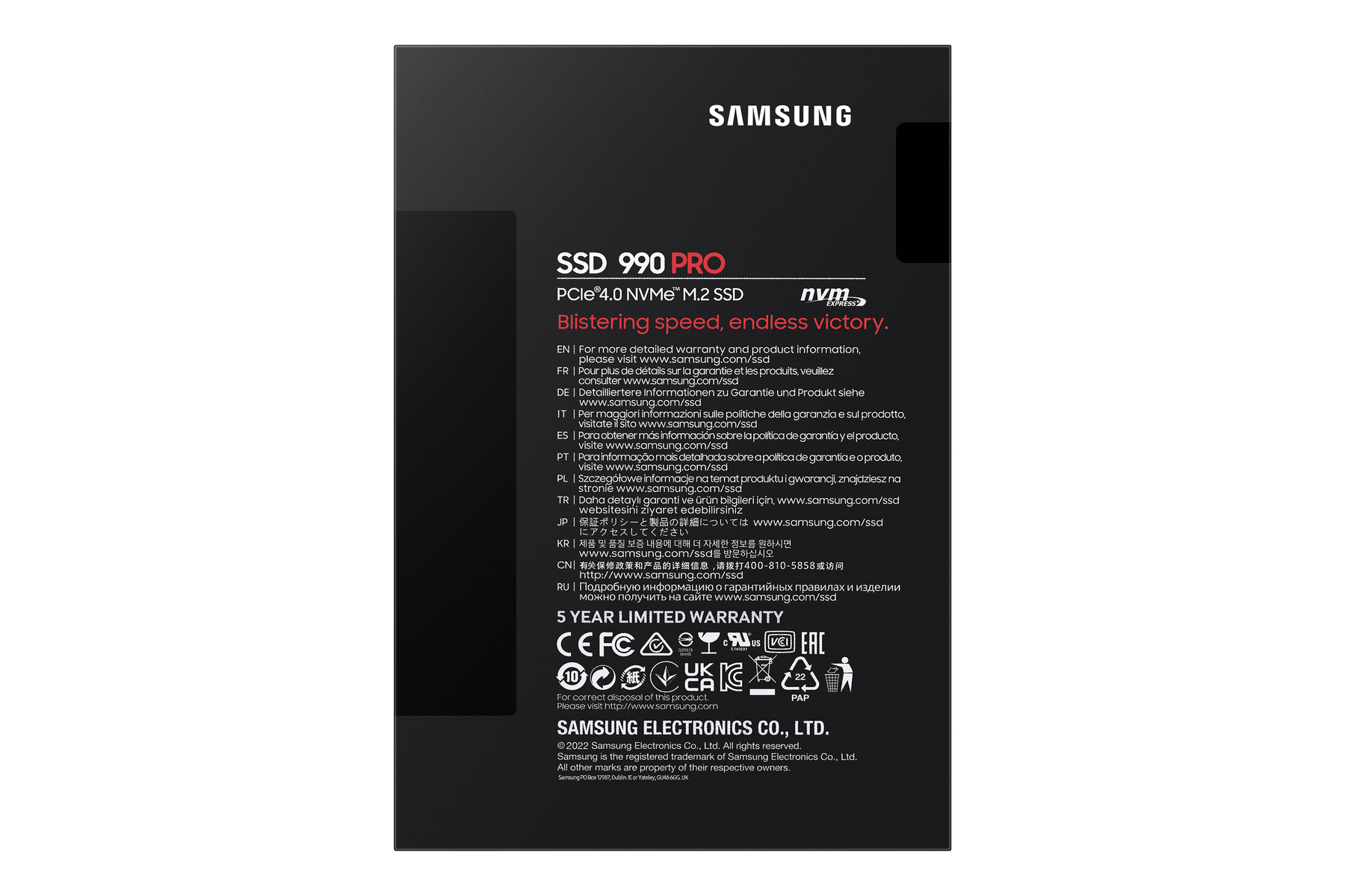 Czarne opakowanie Samsung SSD 990 PRO z informacjami o produkcie i specyfikacjami.
