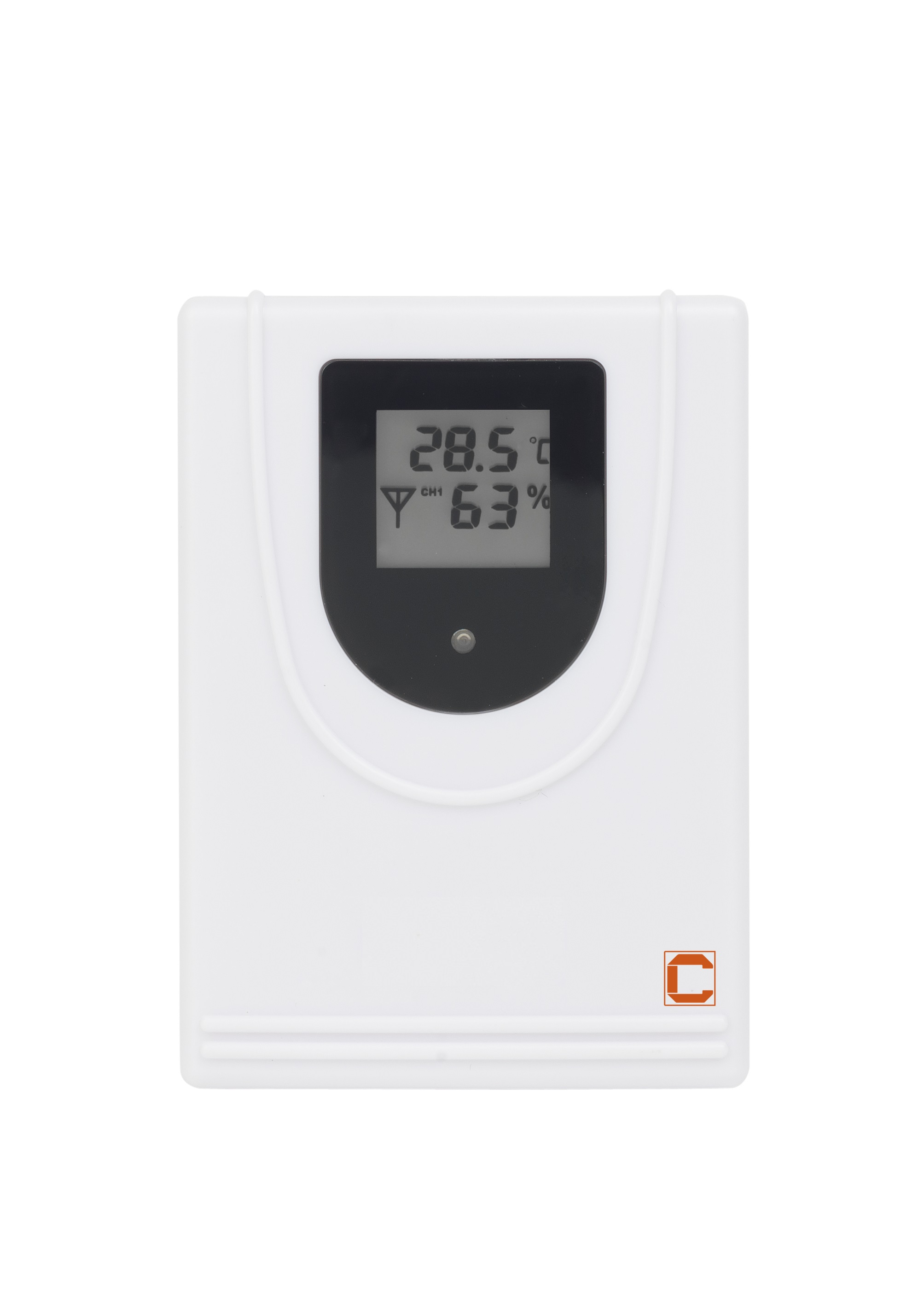 White digital thermometer displaying 28.5°C and 63% on a black screen.