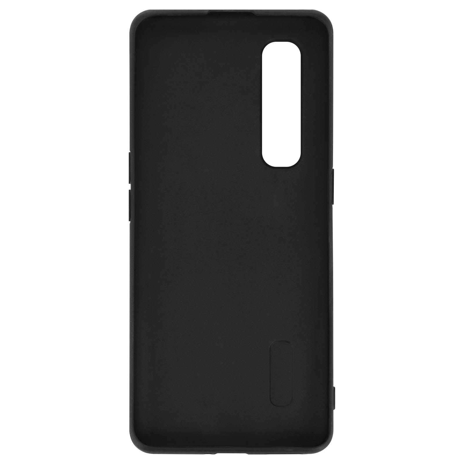 Een zwarte telefoonhoes met een rechthoekige uitsparing voor de camera en een kleine uitsparing.