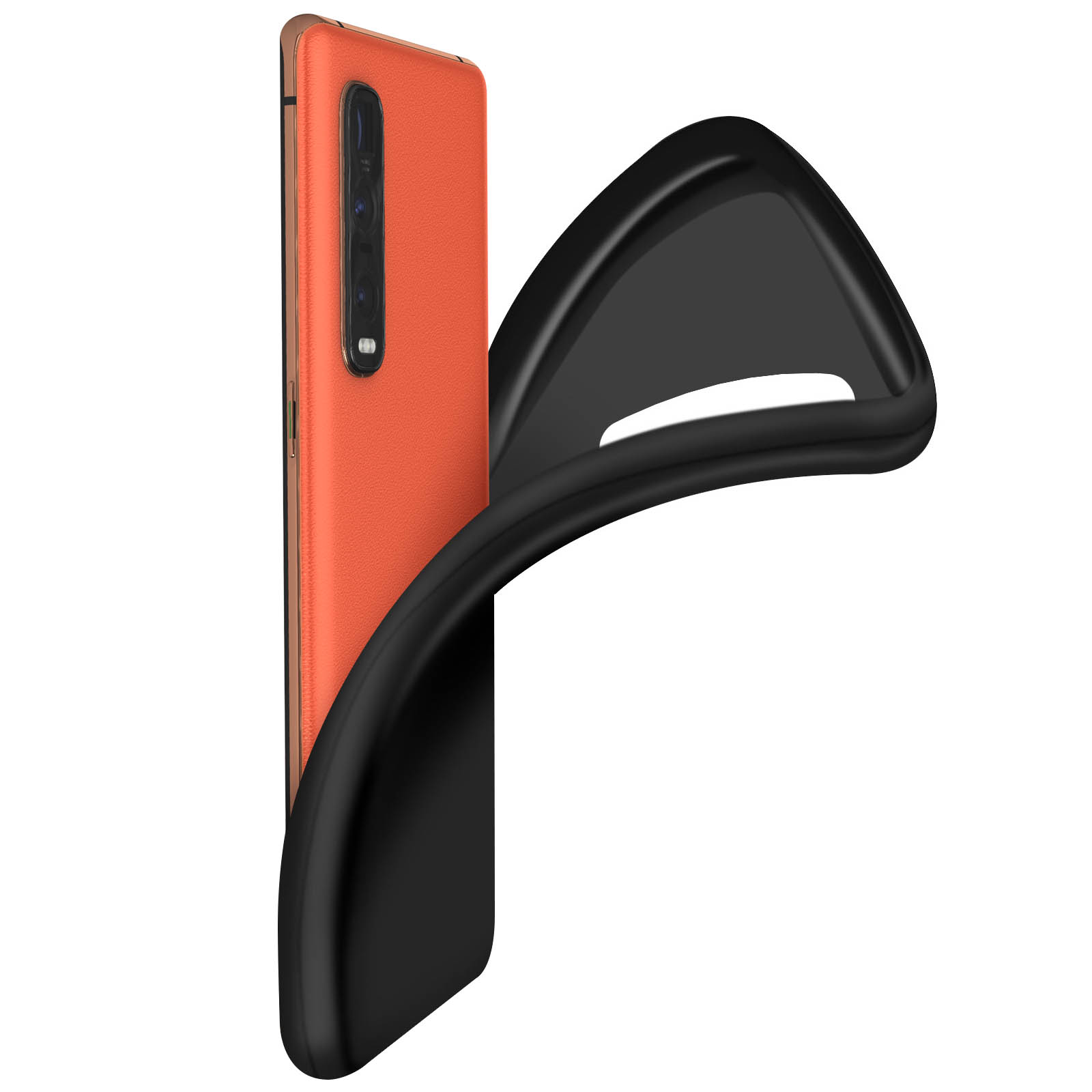 Een oranje telefoon met een zwarte hoes wordt getoond. De hoes is gedeeltelijk teruggetrokken.