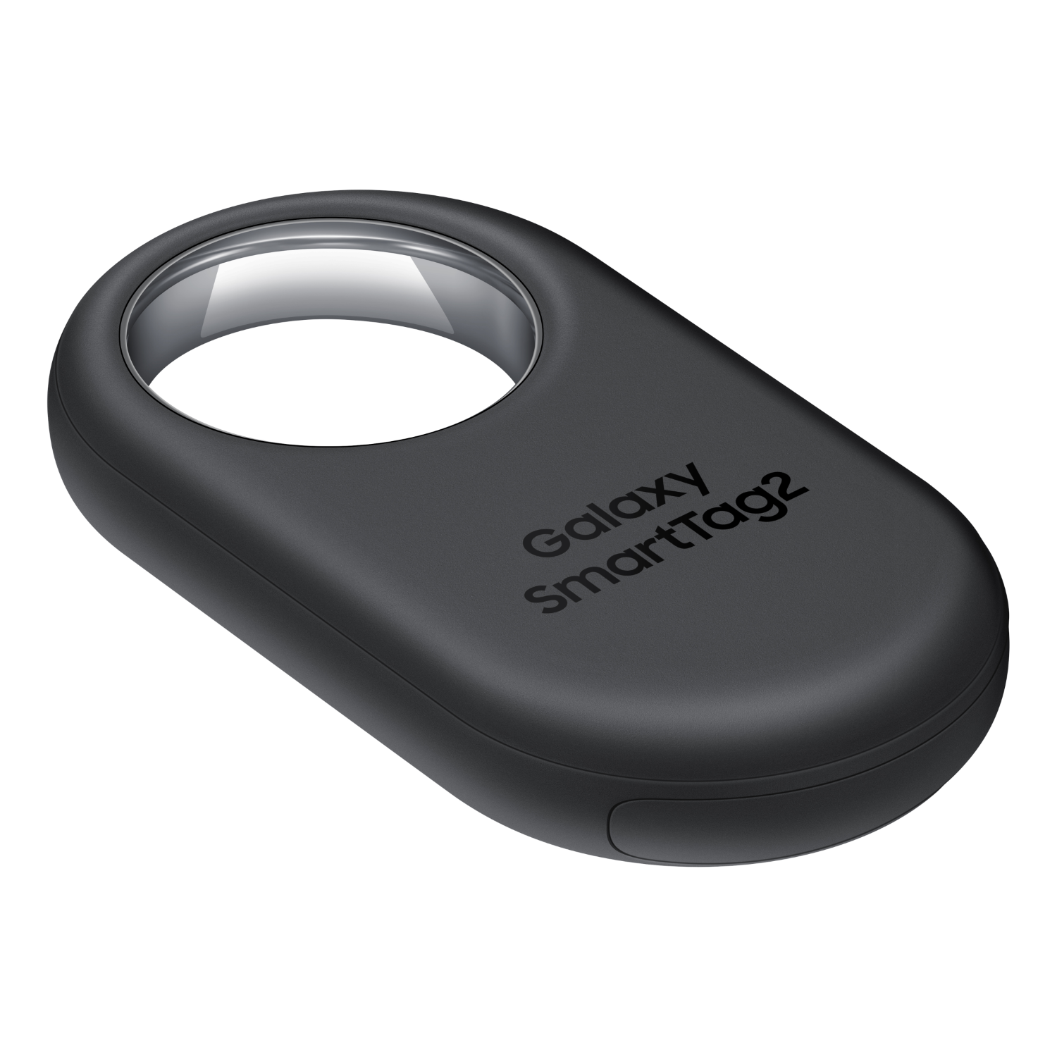 Czarny, owalny tracker Galaxy SmartTag2 z nazwą marki na powierzchni.