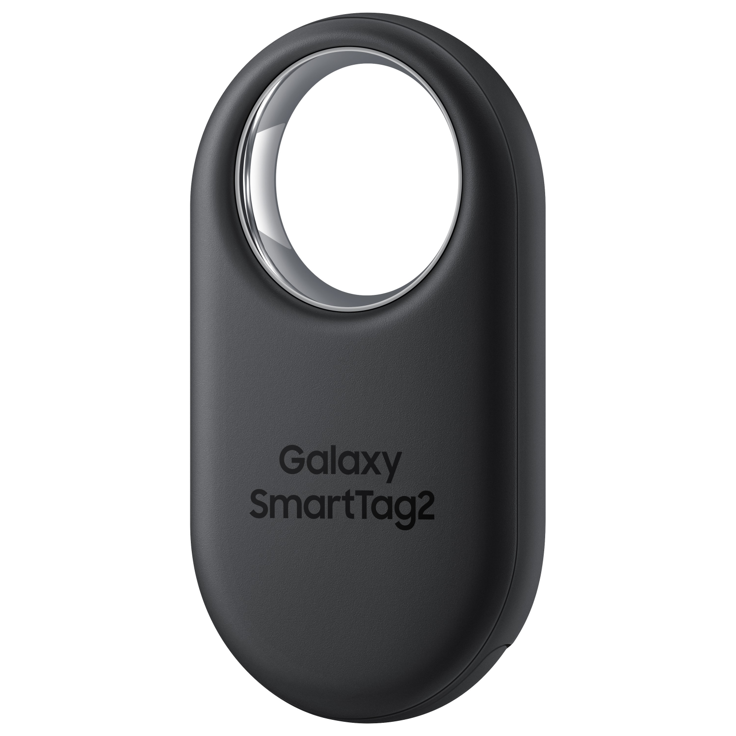 Czarny Galaxy SmartTag2, owalny, ze srebrnym pierścieniem u góry.