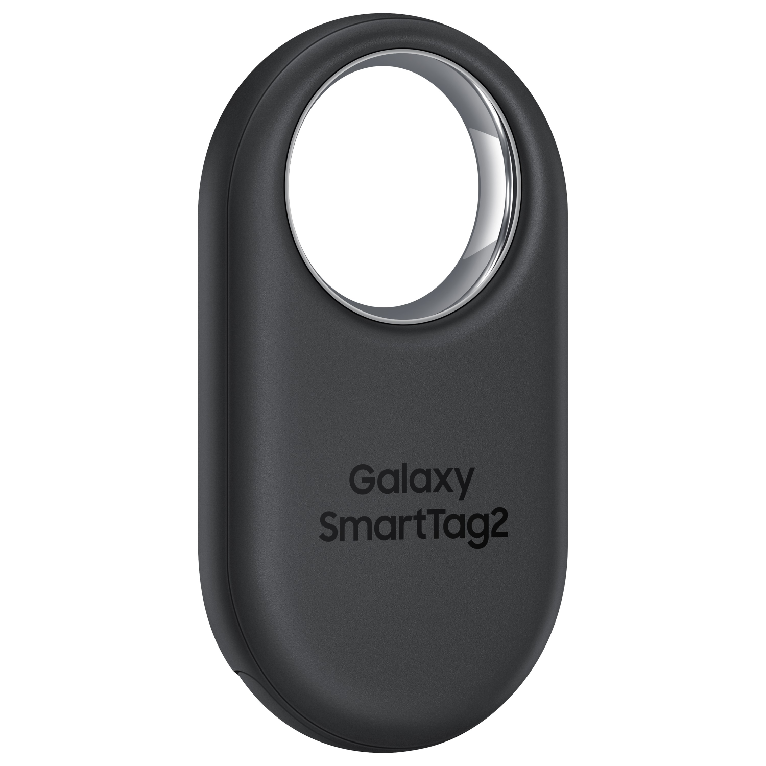 Czarny Galaxy SmartTag2. Czarny, owalny, ze srebrnym pierścieniem. Nadrukowano 'SmartTag2'.
