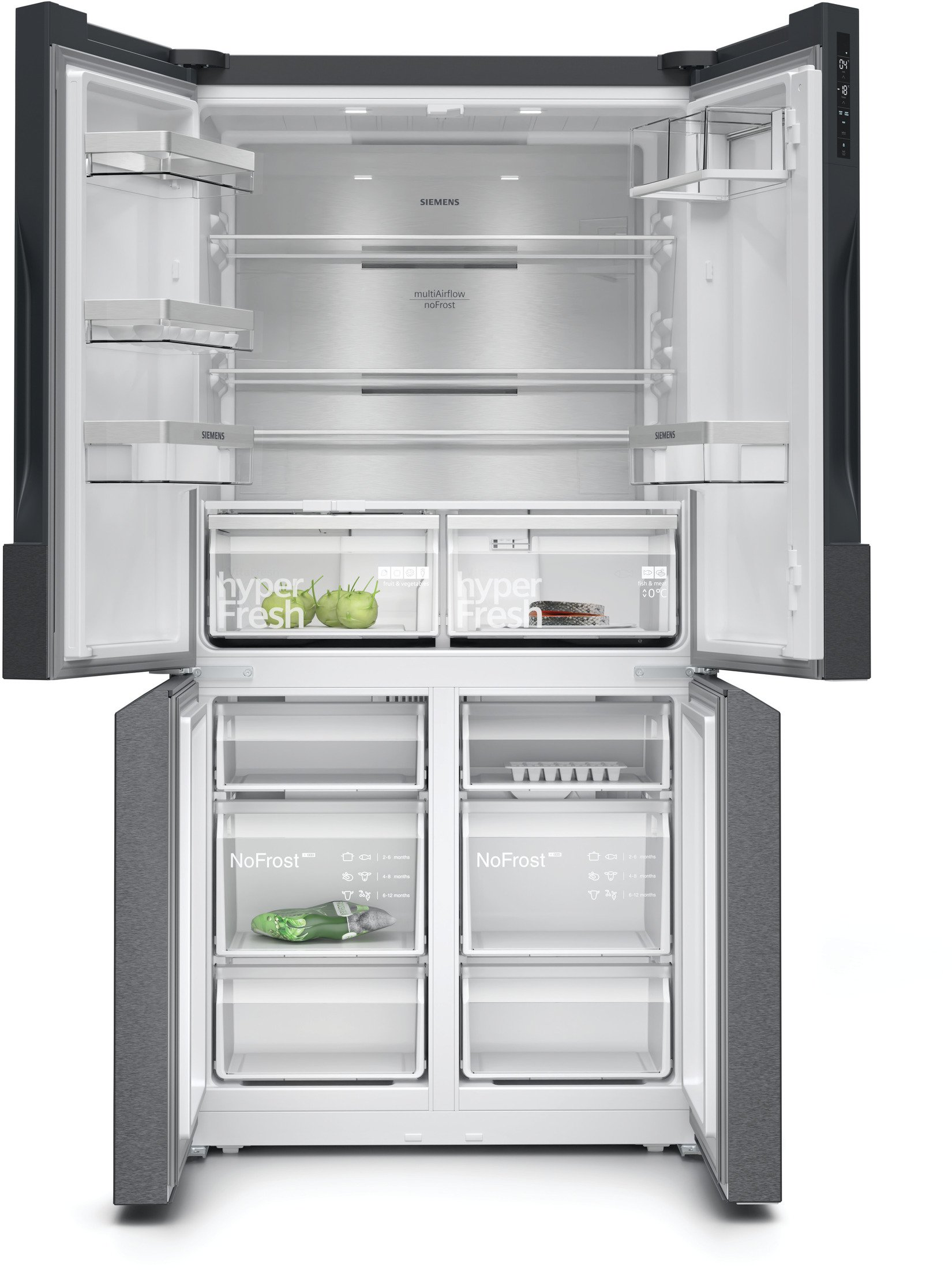 Geöffneter Edelstahlkühlschrank. Innenraum mit Regalen, Schubladen und Frischhaltebehältern.