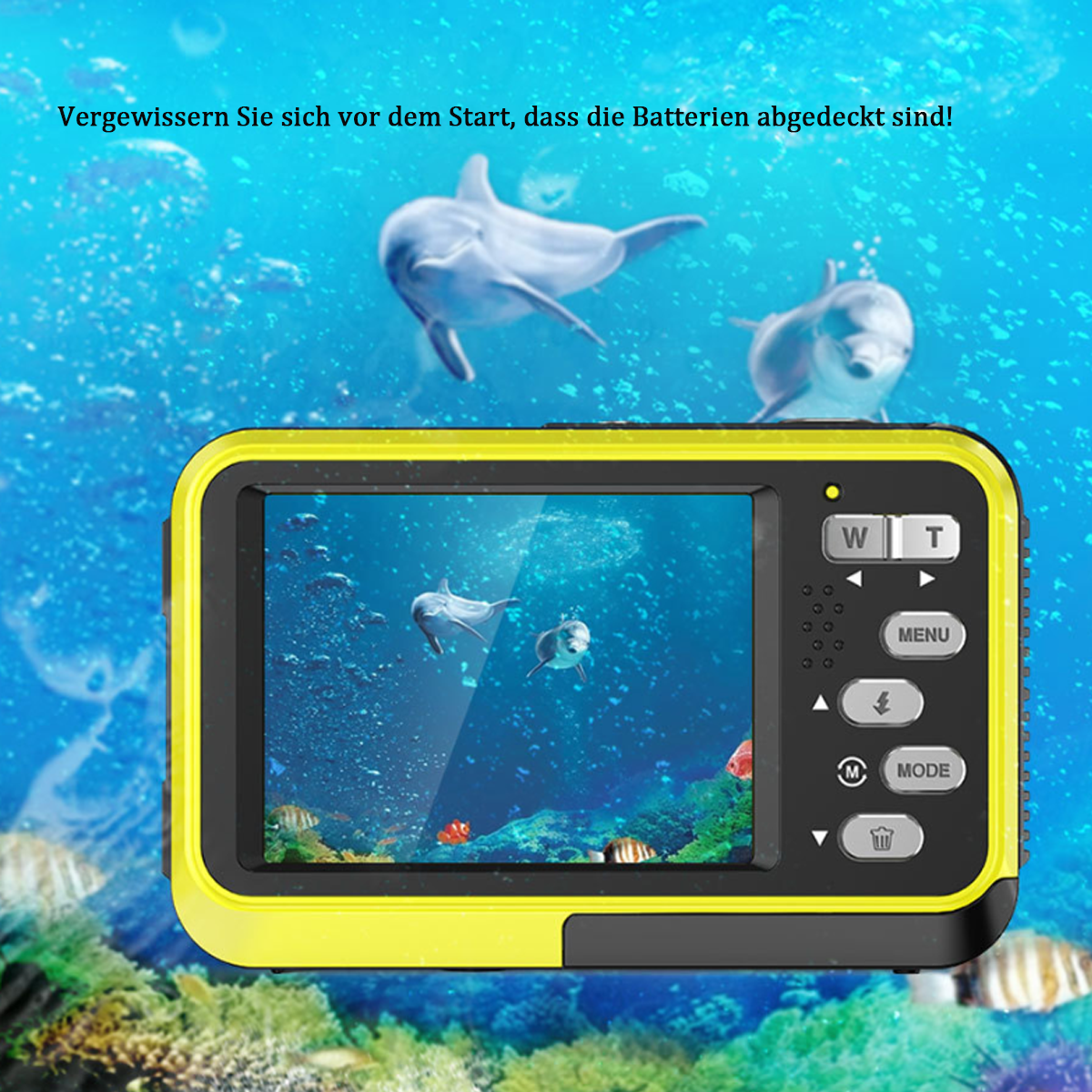 Unterwasserkamera zeigt Delfine, mit Menü-Tasten und Text-Overlay.