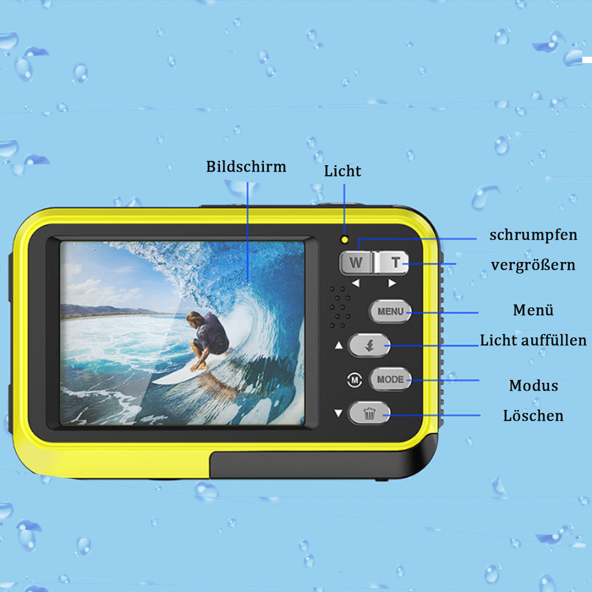 Gelbe digitale Unterwasserkamera mit Bildschirm und Knöpfen.