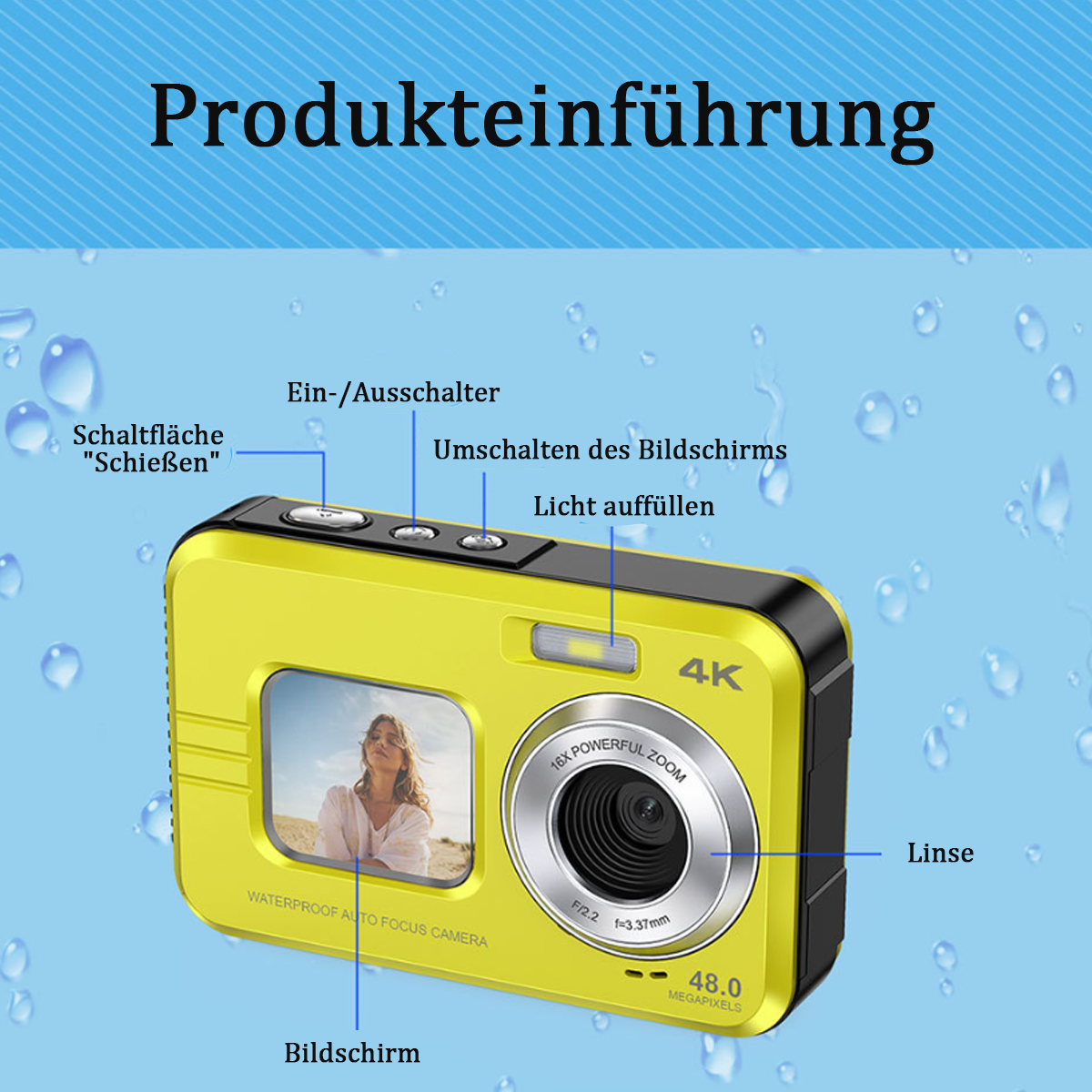 Gelbe wasserdichte Kamera mit beschrifteten Knöpfen, Bildschirm und vergrößerter Linse, vor blauem Hintergrund.
