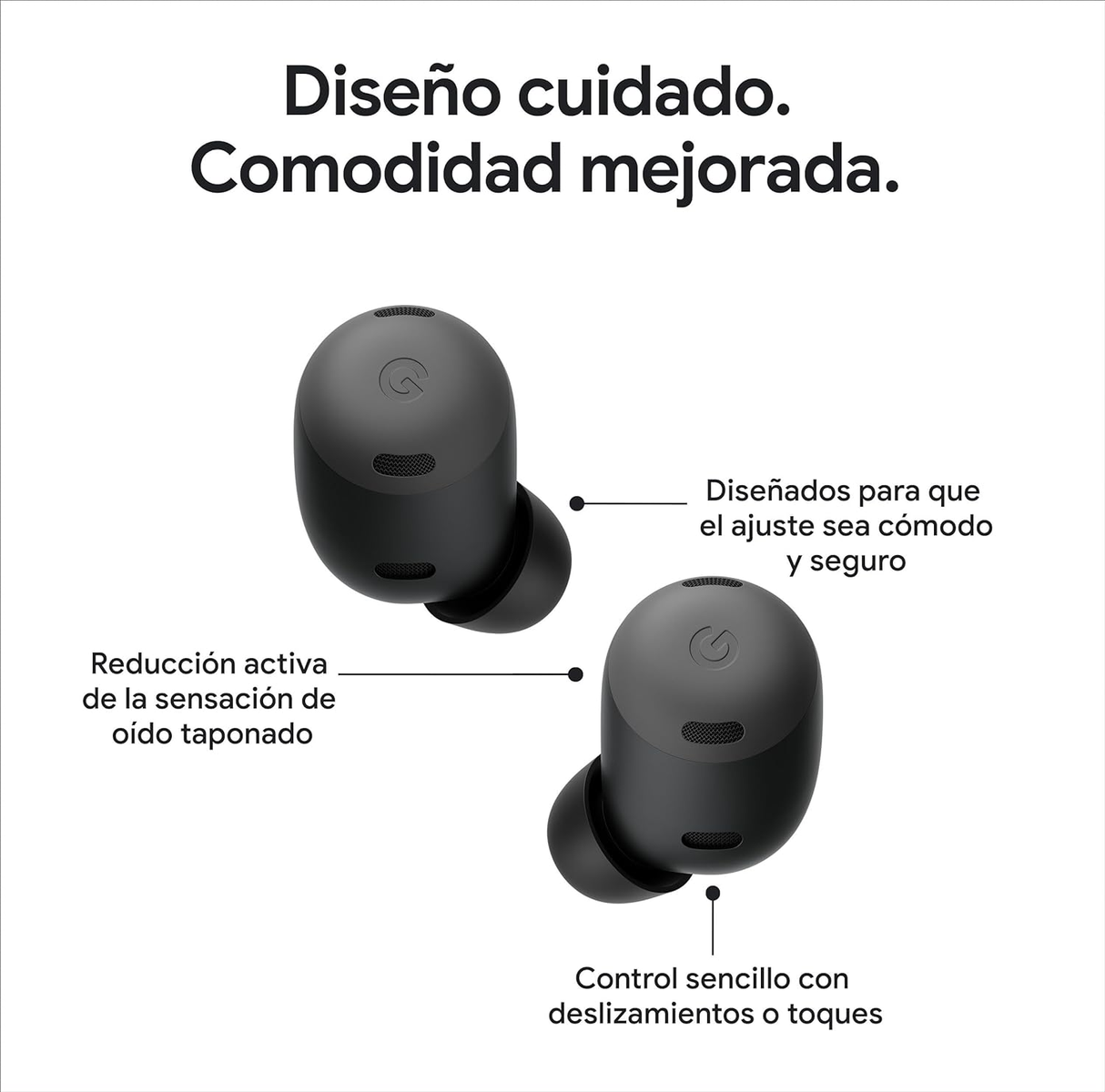 Dwa czarne słuchawki z tekstem o designie i komforcie.